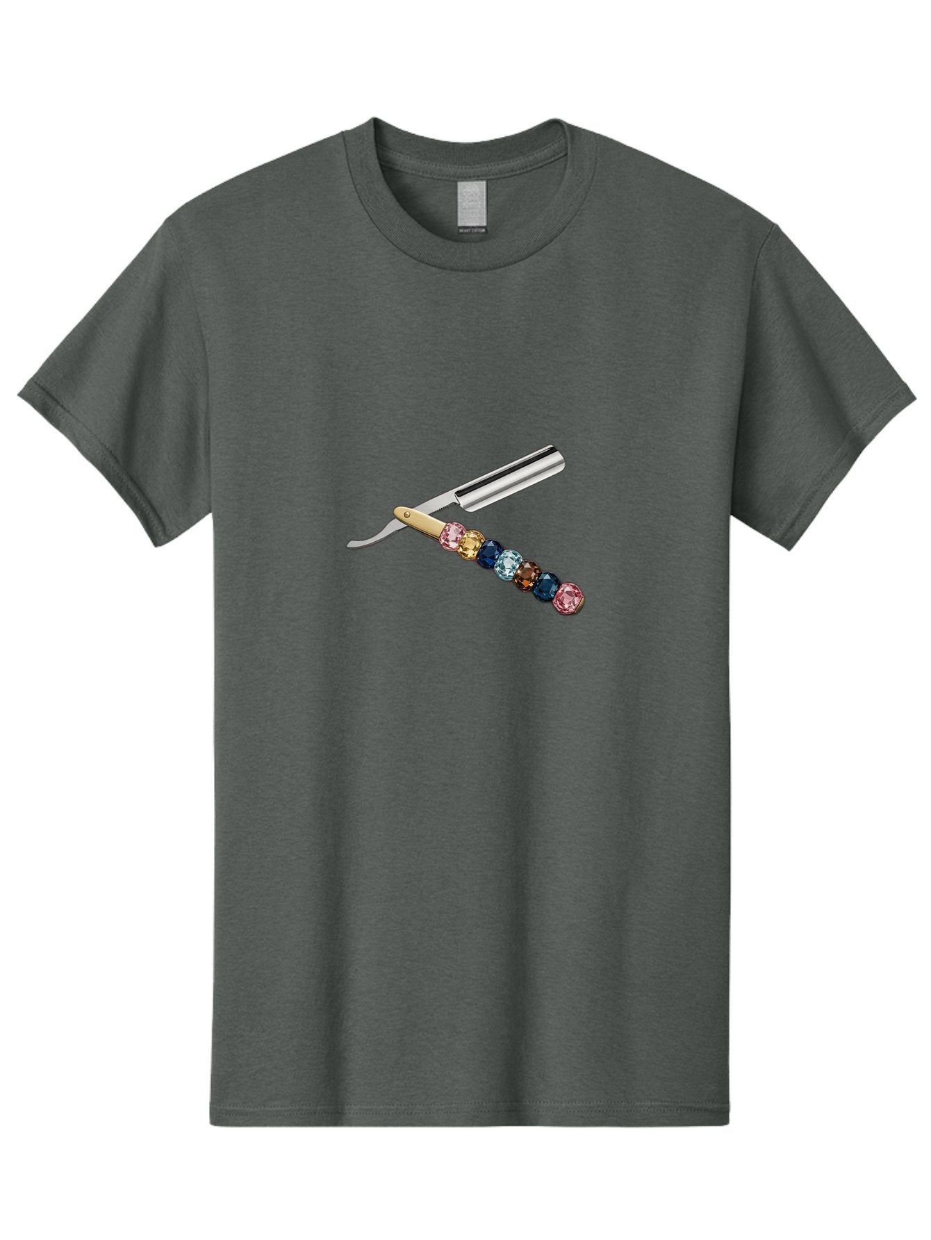 Straight-Razor-7 Men'S Graphic Tee, 100% Cotton, Comfortable Casual Summer Wear, Machine Washable, Straight Razor, Shaving Tool, Sharp Blade, Metallic Finish, Rhinestone Handle, Multi-Colored Gems, Luxurious Grooming, Vintage Shaving, Bad733 14