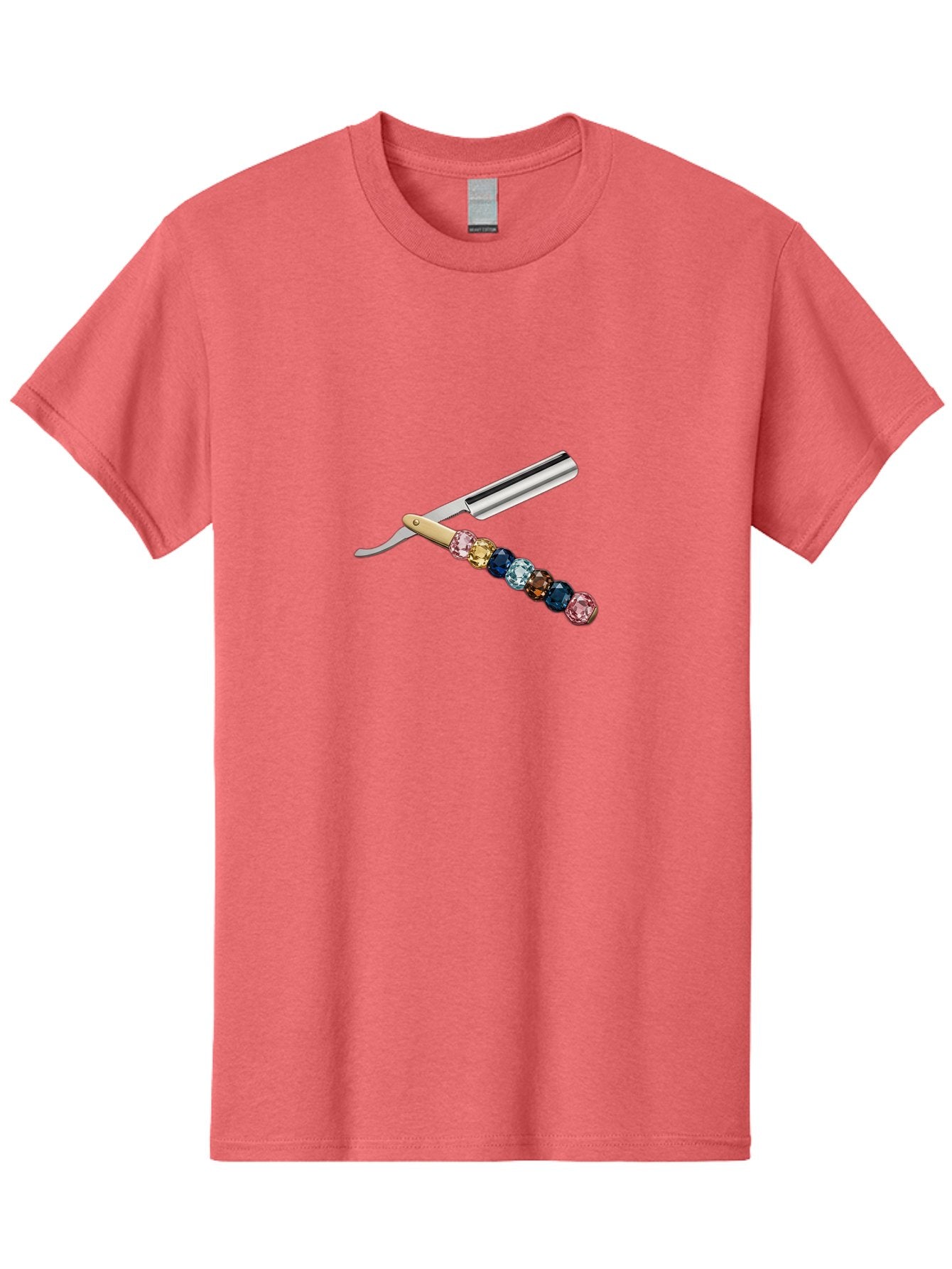 Straight-Razor-7 Men'S Graphic Tee, 100% Cotton, Comfortable Casual Summer Wear, Machine Washable, Straight Razor, Shaving Tool, Sharp Blade, Metallic Finish, Rhinestone Handle, Multi-Colored Gems, Luxurious Grooming, Vintage Shaving, Bad733 7