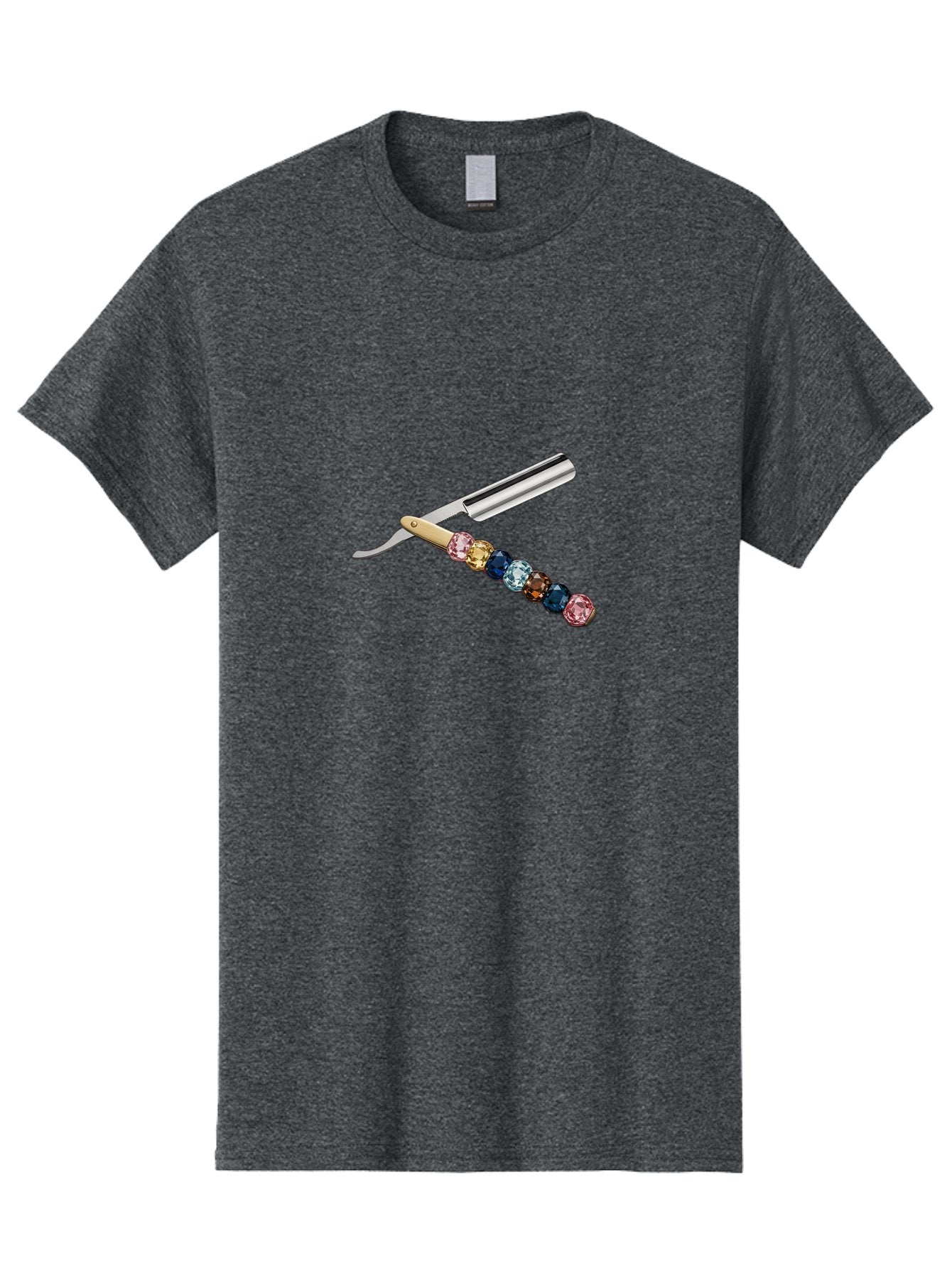 Straight-Razor-7 Men'S Graphic Tee, 100% Cotton, Comfortable Casual Summer Wear, Machine Washable, Straight Razor, Shaving Tool, Sharp Blade, Metallic Finish, Rhinestone Handle, Multi-Colored Gems, Luxurious Grooming, Vintage Shaving, Bad733