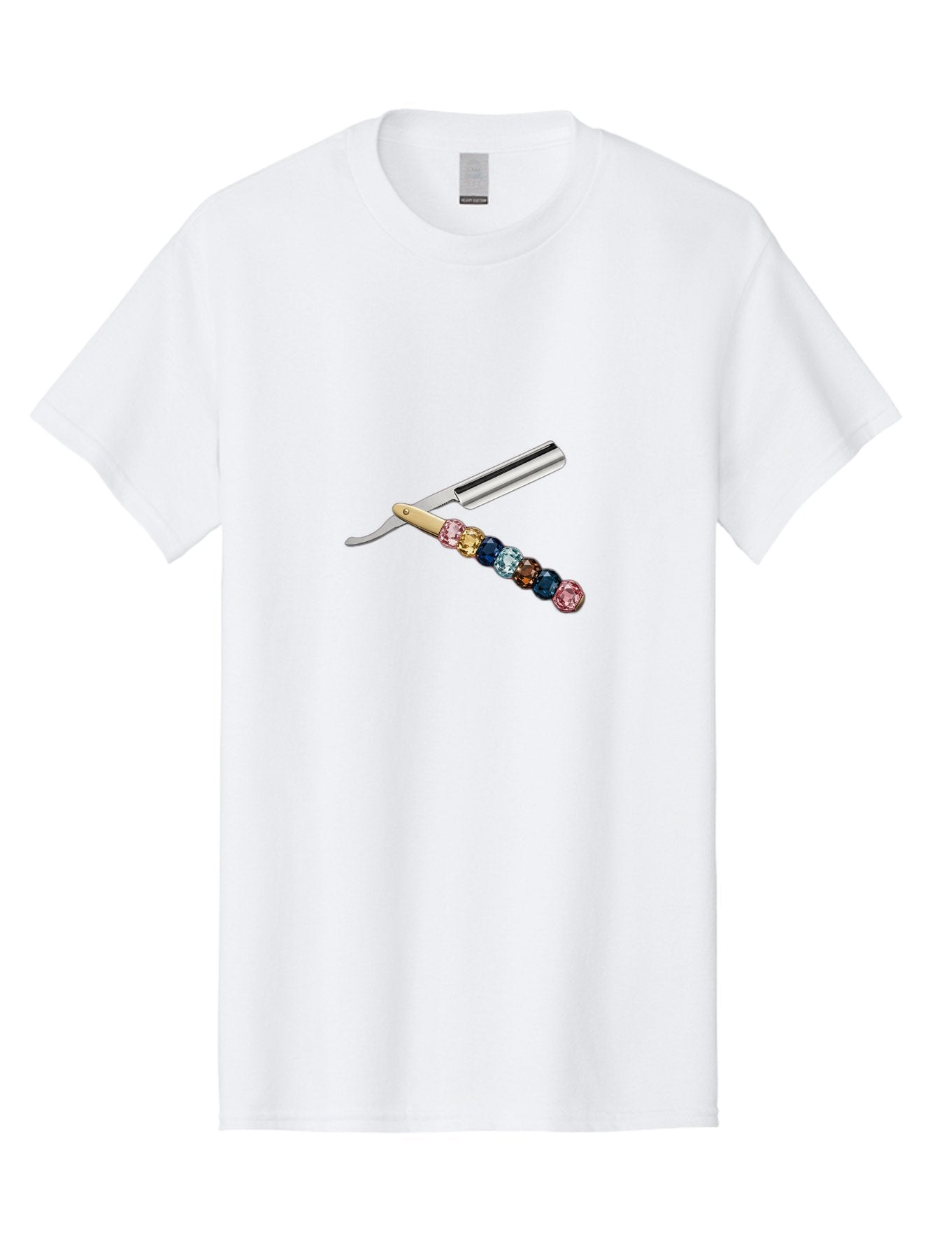 Straight-Razor-7 Men'S Graphic Tee, 100% Cotton, Comfortable Casual Summer Wear, Machine Washable, Straight Razor, Shaving Tool, Sharp Blade, Metallic Finish, Rhinestone Handle, Multi-Colored Gems, Luxurious Grooming, Vintage Shaving, Bad733 15