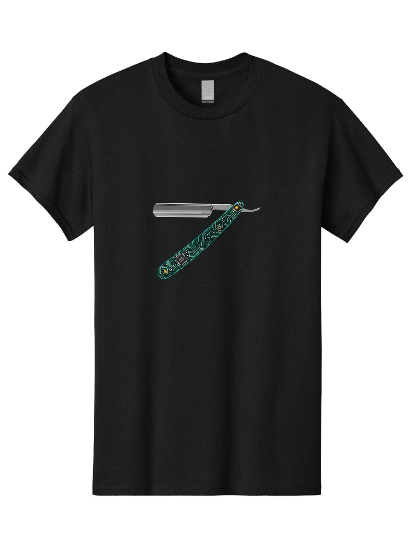 Straight-Razor-8 Men'S Graphic Tee, 100% Cotton, Comfortable Casual Summer Wear, Machine Washable, Straight Razor, Circuit Board Design, Silver Razor, Tech Meets Tradition, Precision Shaving, Modern Twist, Digital Integration, Sleek Metal Bad734 13