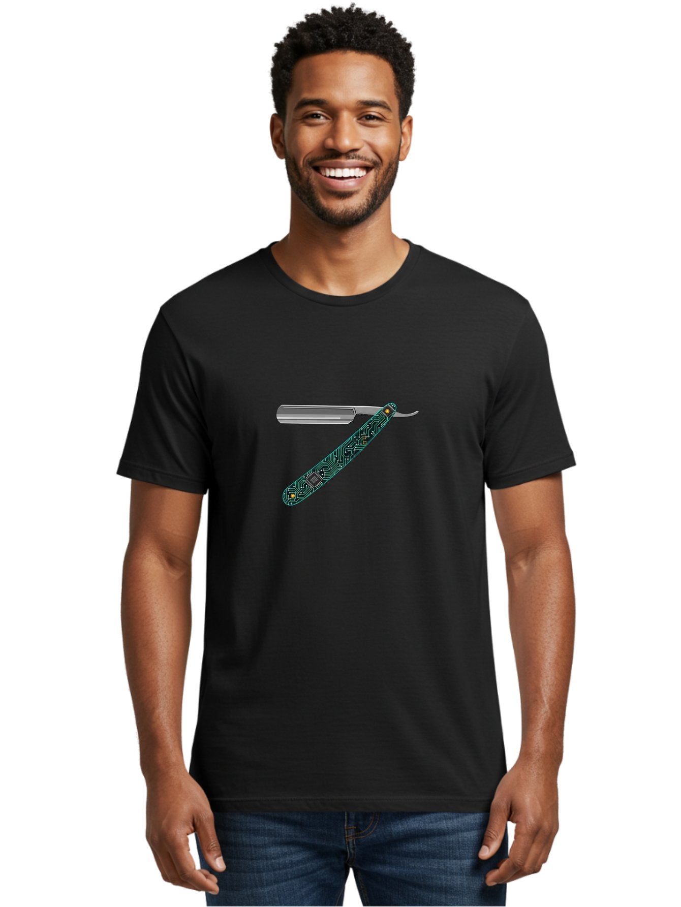 Straight-Razor-8 Men'S Graphic Tee, 100% Cotton, Comfortable Casual Summer Wear, Machine Washable, Straight Razor, Circuit Board Design, Silver Razor, Tech Meets Tradition, Precision Shaving, Modern Twist, Digital Integration, Sleek Metal Bad734 20