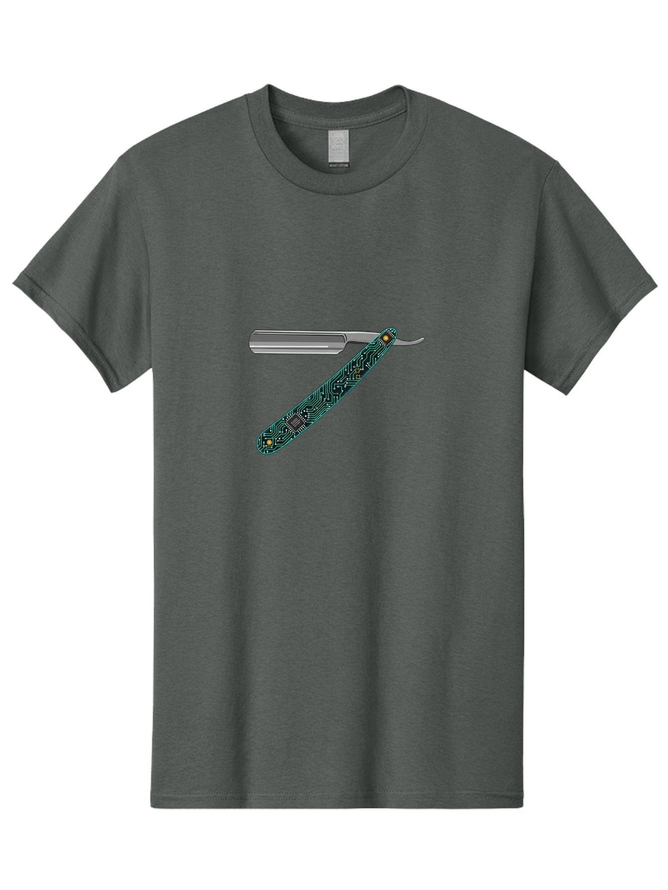 Straight-Razor-8 Men'S Graphic Tee, 100% Cotton, Comfortable Casual Summer Wear, Machine Washable, Straight Razor, Circuit Board Design, Silver Razor, Tech Meets Tradition, Precision Shaving, Modern Twist, Digital Integration, Sleek Metal Bad734 4