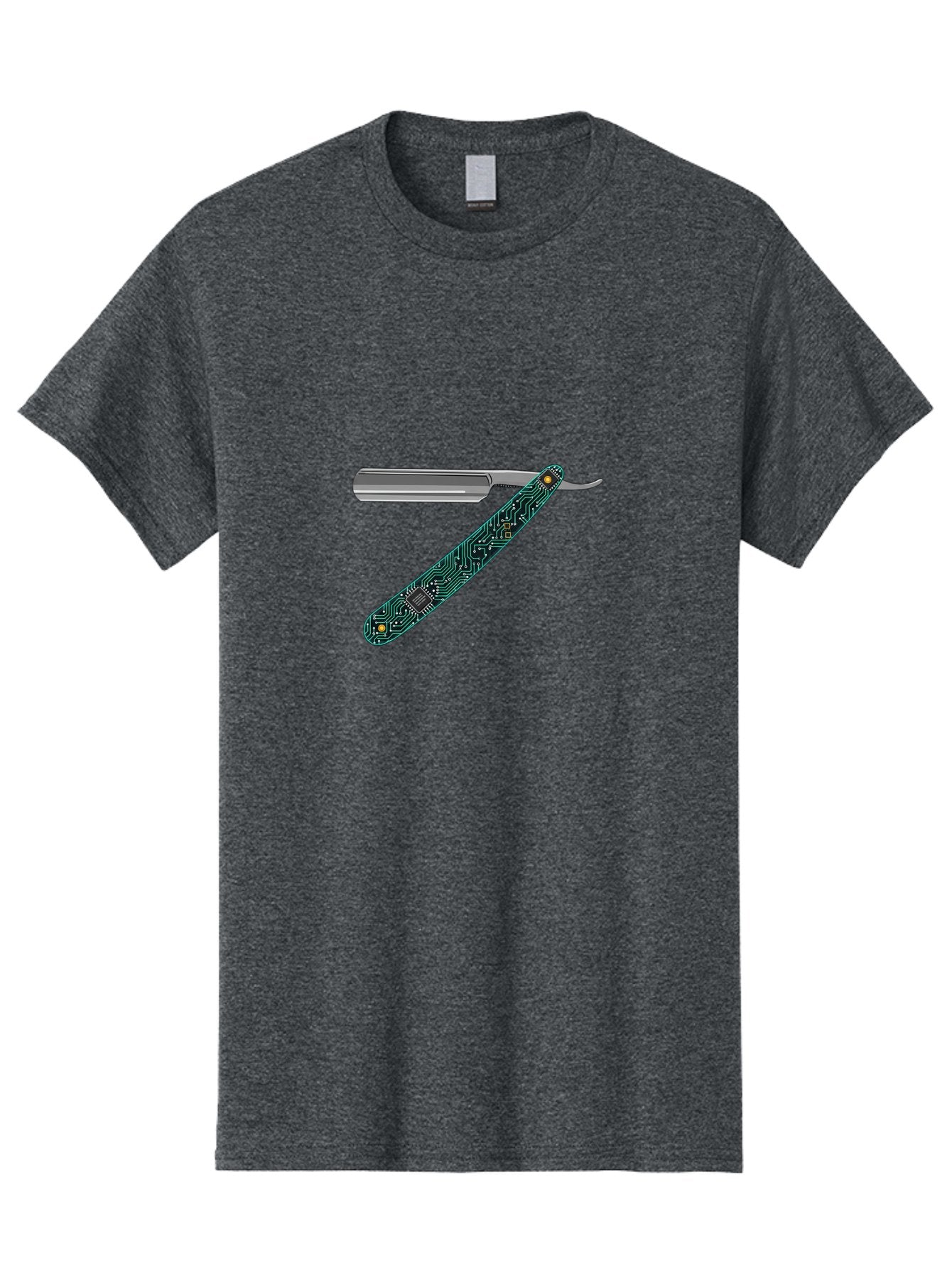 Straight-Razor-8 Men'S Graphic Tee, 100% Cotton, Comfortable Casual Summer Wear, Machine Washable, Straight Razor, Circuit Board Design, Silver Razor, Tech Meets Tradition, Precision Shaving, Modern Twist, Digital Integration, Sleek Metal Bad734 7