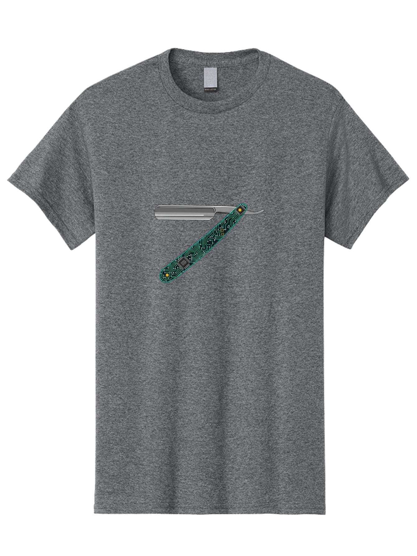 Straight-Razor-8 Men'S Graphic Tee, 100% Cotton, Comfortable Casual Summer Wear, Machine Washable, Straight Razor, Circuit Board Design, Silver Razor, Tech Meets Tradition, Precision Shaving, Modern Twist, Digital Integration, Sleek Metal Bad734 14