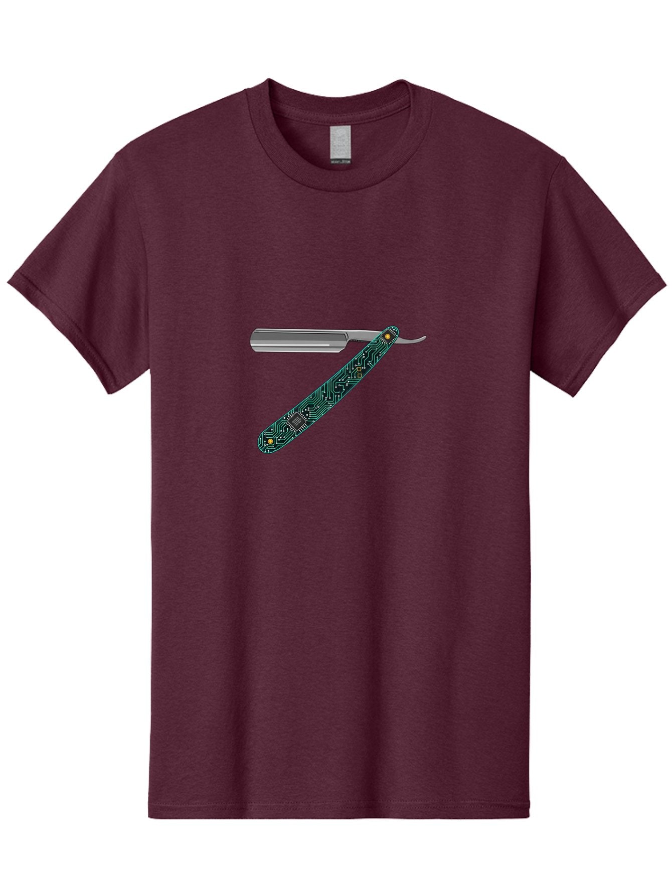 Straight-Razor-8 Men'S Graphic Tee, 100% Cotton, Comfortable Casual Summer Wear, Machine Washable, Straight Razor, Circuit Board Design, Silver Razor, Tech Meets Tradition, Precision Shaving, Modern Twist, Digital Integration, Sleek Metal Bad734