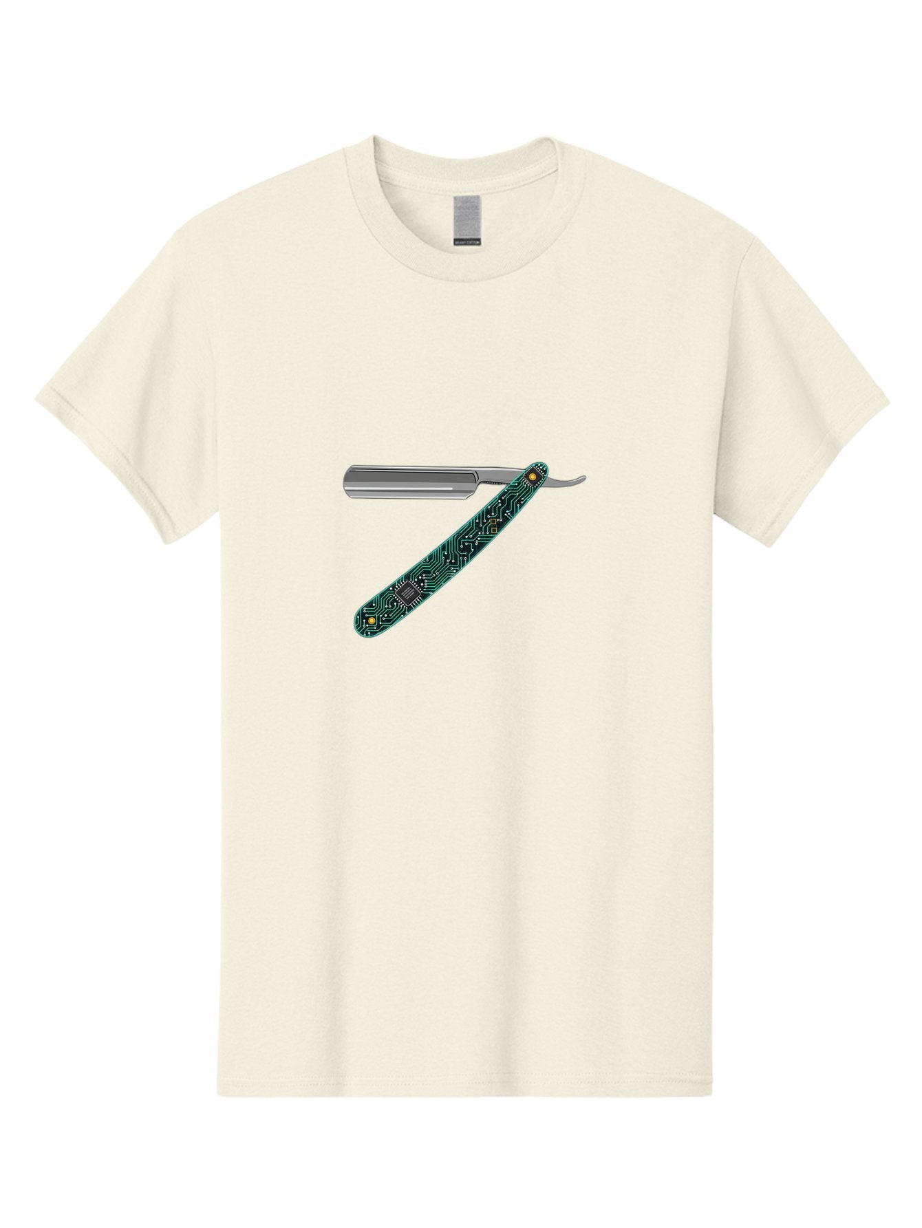 Straight-Razor-8 Men'S Graphic Tee, 100% Cotton, Comfortable Casual Summer Wear, Machine Washable, Straight Razor, Circuit Board Design, Silver Razor, Tech Meets Tradition, Precision Shaving, Modern Twist, Digital Integration, Sleek Metal Bad734 5