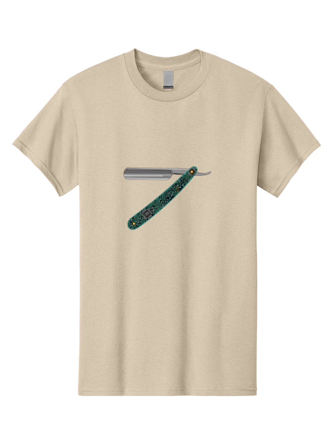 Straight-Razor-8 Men'S Graphic Tee, 100% Cotton, Comfortable Casual Summer Wear, Machine Washable, Straight Razor, Circuit Board Design, Silver Razor, Tech Meets Tradition, Precision Shaving, Modern Twist, Digital Integration, Sleek Metal Bad734 12