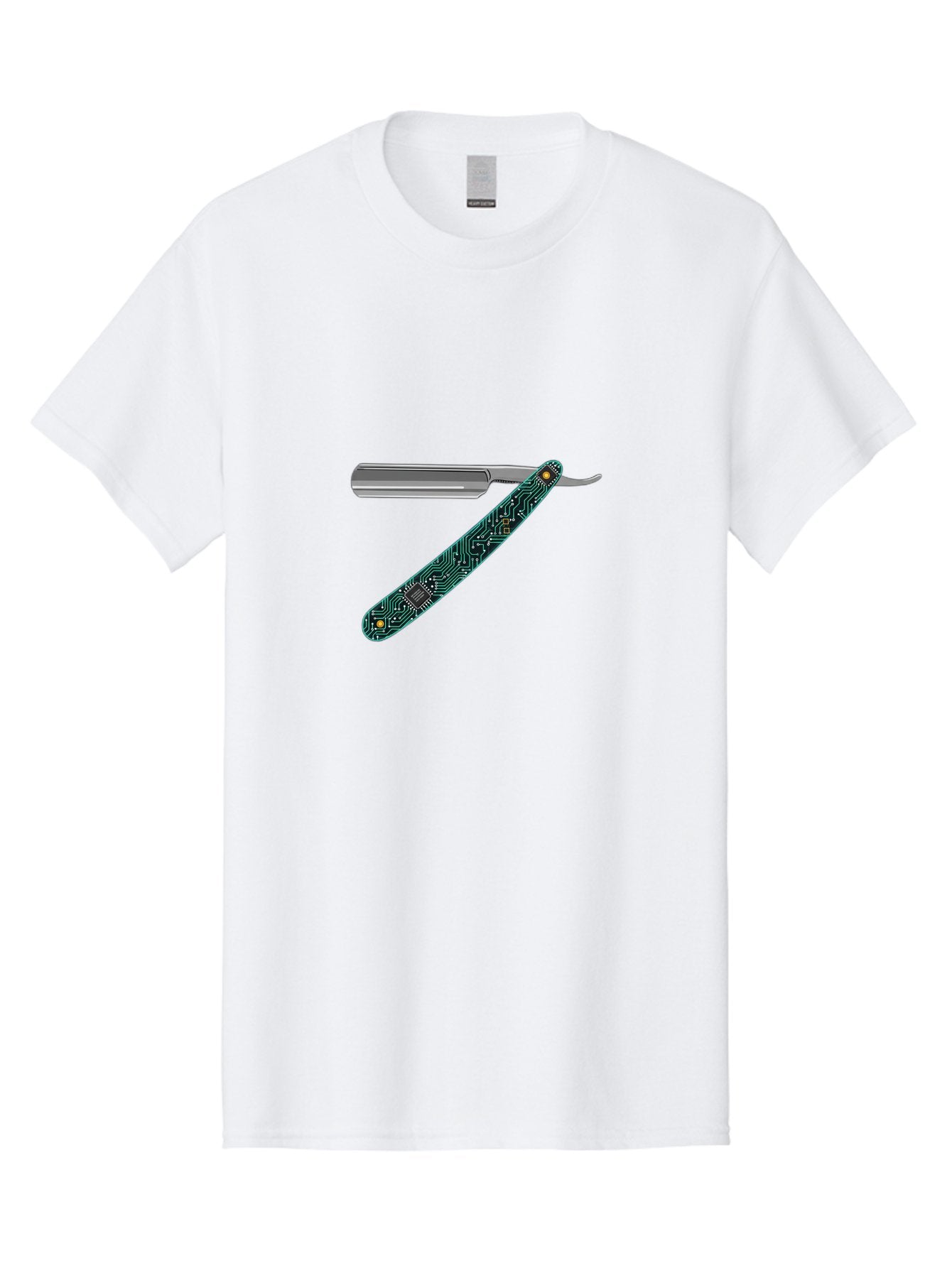 Straight-Razor-8 Men'S Graphic Tee, 100% Cotton, Comfortable Casual Summer Wear, Machine Washable, Straight Razor, Circuit Board Design, Silver Razor, Tech Meets Tradition, Precision Shaving, Modern Twist, Digital Integration, Sleek Metal Bad734 11