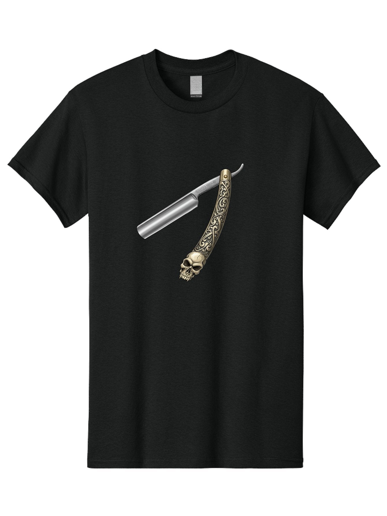 Straight-Razor-With-Skull Men'S Graphic Tee, 100% Cotton, Comfortable Casual Summer Wear, Machine Washable, Straight Razor, Skull Handle, Ornate Design, Vintage Style, Metal Craftsmanship, Traditional Shaving, Edgy Grooming, Unique Accessory Bad736