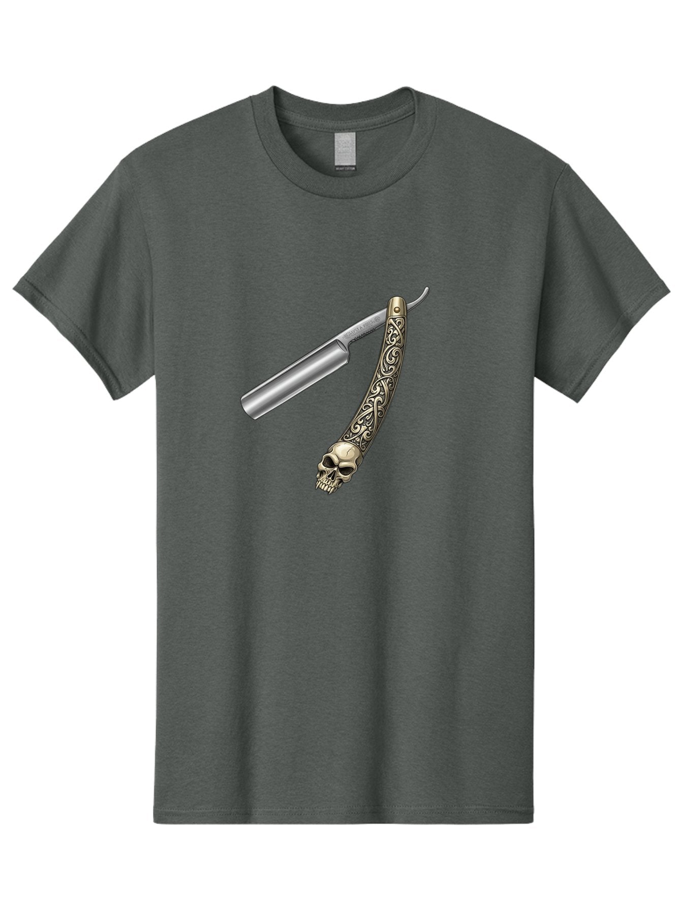 Straight-Razor-With-Skull Men'S Graphic Tee, 100% Cotton, Comfortable Casual Summer Wear, Machine Washable, Straight Razor, Skull Handle, Ornate Design, Vintage Style, Metal Craftsmanship, Traditional Shaving, Edgy Grooming, Unique Accessory Bad736 13
