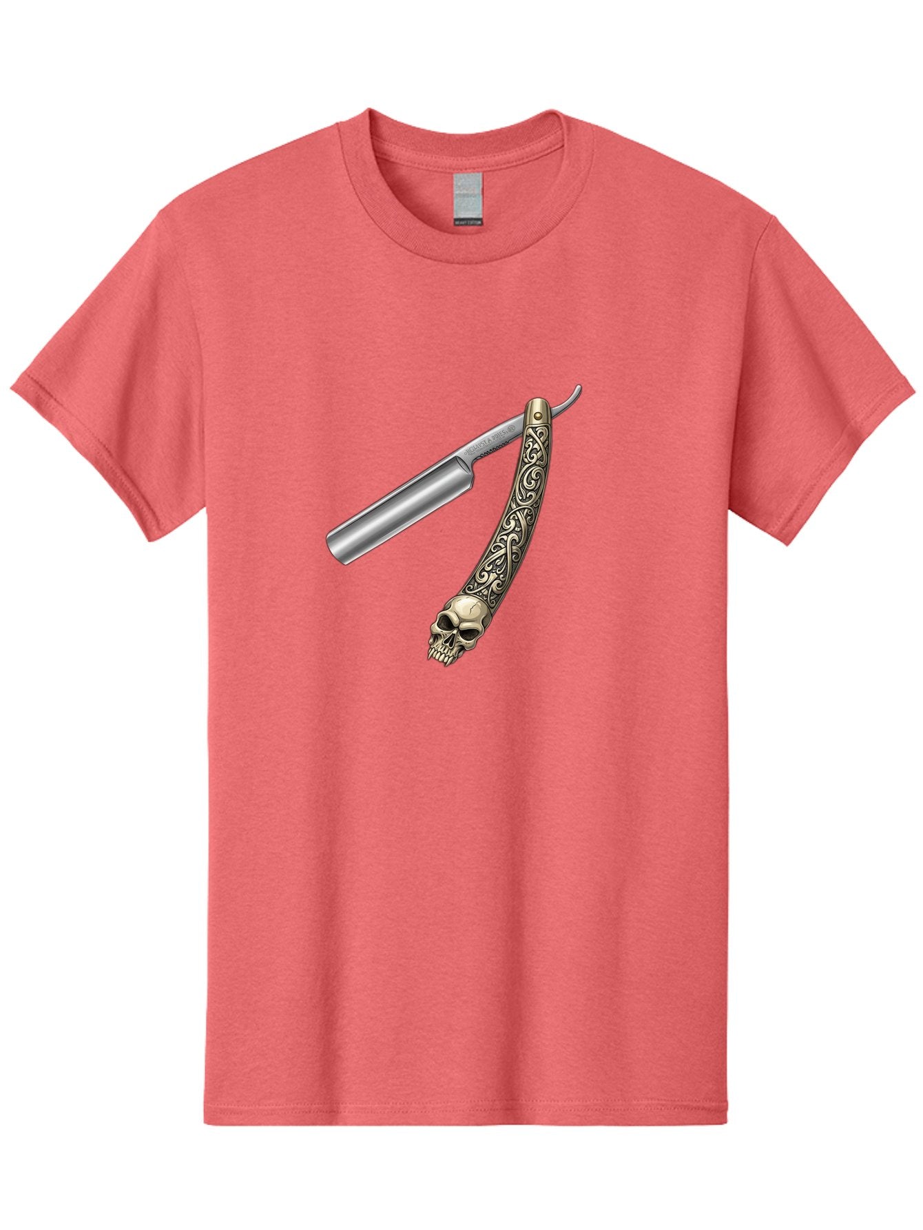 Straight-Razor-With-Skull Men'S Graphic Tee, 100% Cotton, Comfortable Casual Summer Wear, Machine Washable, Straight Razor, Skull Handle, Ornate Design, Vintage Style, Metal Craftsmanship, Traditional Shaving, Edgy Grooming, Unique Accessory Bad736 15