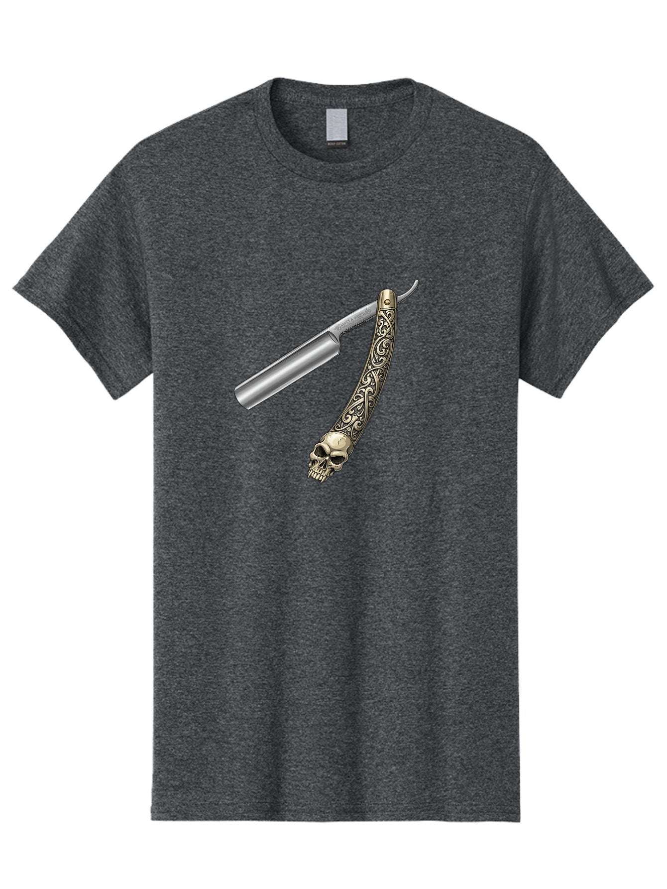 Straight-Razor-With-Skull Men'S Graphic Tee, 100% Cotton, Comfortable Casual Summer Wear, Machine Washable, Straight Razor, Skull Handle, Ornate Design, Vintage Style, Metal Craftsmanship, Traditional Shaving, Edgy Grooming, Unique Accessory Bad736