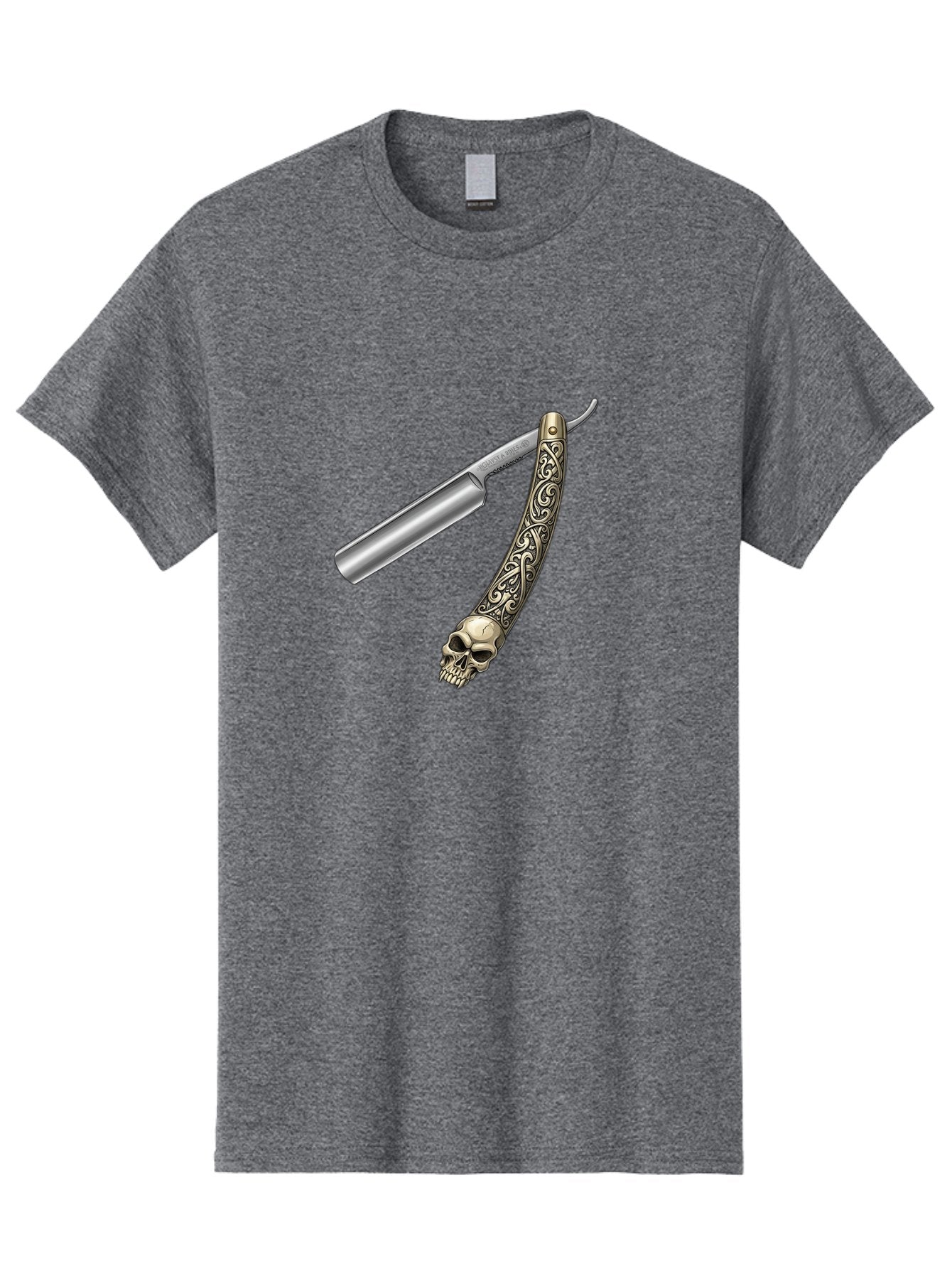 Straight-Razor-With-Skull Men'S Graphic Tee, 100% Cotton, Comfortable Casual Summer Wear, Machine Washable, Straight Razor, Skull Handle, Ornate Design, Vintage Style, Metal Craftsmanship, Traditional Shaving, Edgy Grooming, Unique Accessory Bad736 6