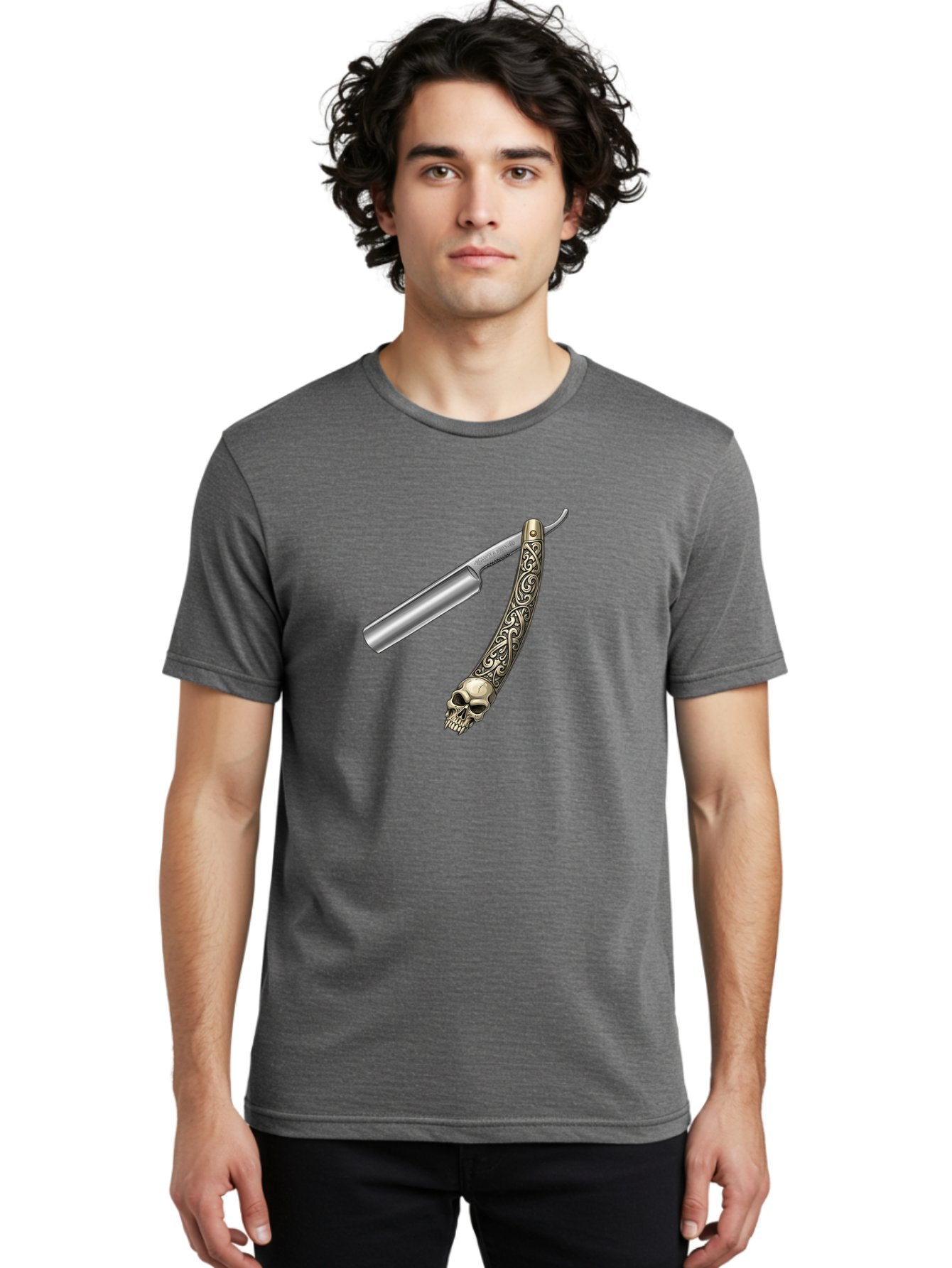 Straight-Razor-With-Skull Men'S Graphic Tee, 100% Cotton, Comfortable Casual Summer Wear, Machine Washable, Straight Razor, Skull Handle, Ornate Design, Vintage Style, Metal Craftsmanship, Traditional Shaving, Edgy Grooming, Unique Accessory Bad736 24