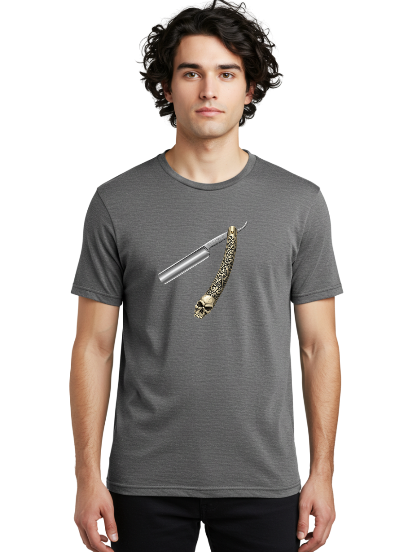 Straight-Razor-With-Skull Men'S Graphic Tee, 100% Cotton, Comfortable Casual Summer Wear, Machine Washable, Straight Razor, Skull Handle, Ornate Design, Vintage Style, Metal Craftsmanship, Traditional Shaving, Edgy Grooming, Unique Accessory Bad736 22