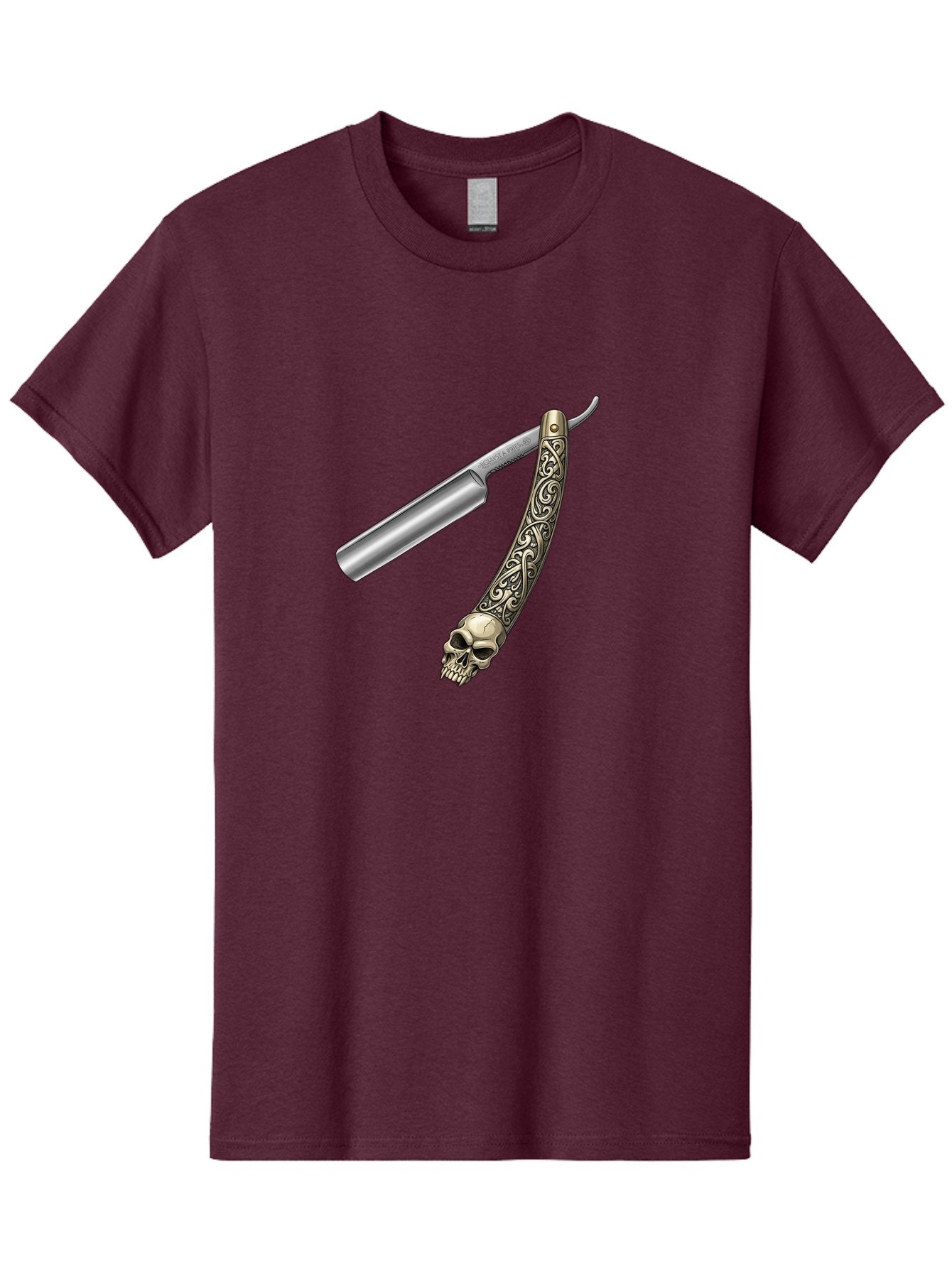 Straight-Razor-With-Skull Men'S Graphic Tee, 100% Cotton, Comfortable Casual Summer Wear, Machine Washable, Straight Razor, Skull Handle, Ornate Design, Vintage Style, Metal Craftsmanship, Traditional Shaving, Edgy Grooming, Unique Accessory Bad736 12