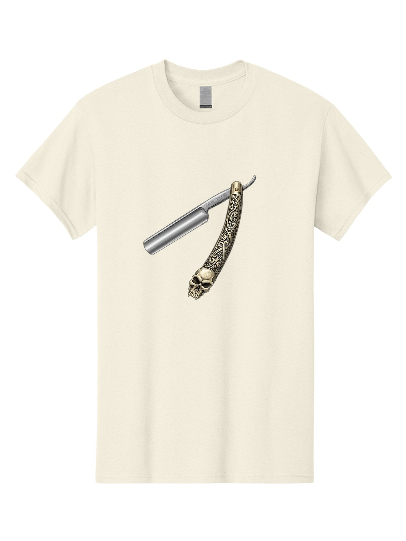Straight-Razor-With-Skull Men'S Graphic Tee, 100% Cotton, Comfortable Casual Summer Wear, Machine Washable, Straight Razor, Skull Handle, Ornate Design, Vintage Style, Metal Craftsmanship, Traditional Shaving, Edgy Grooming, Unique Accessory Bad736 4