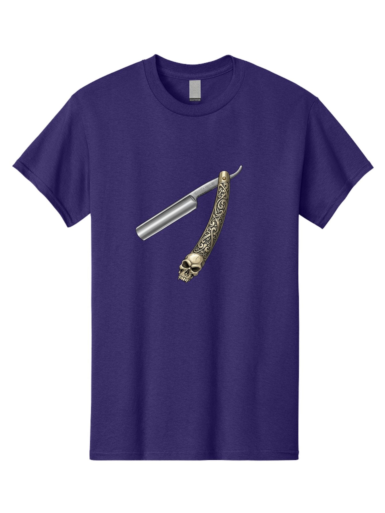 Straight-Razor-With-Skull Men'S Graphic Tee, 100% Cotton, Comfortable Casual Summer Wear, Machine Washable, Straight Razor, Skull Handle, Ornate Design, Vintage Style, Metal Craftsmanship, Traditional Shaving, Edgy Grooming, Unique Accessory Bad736 3