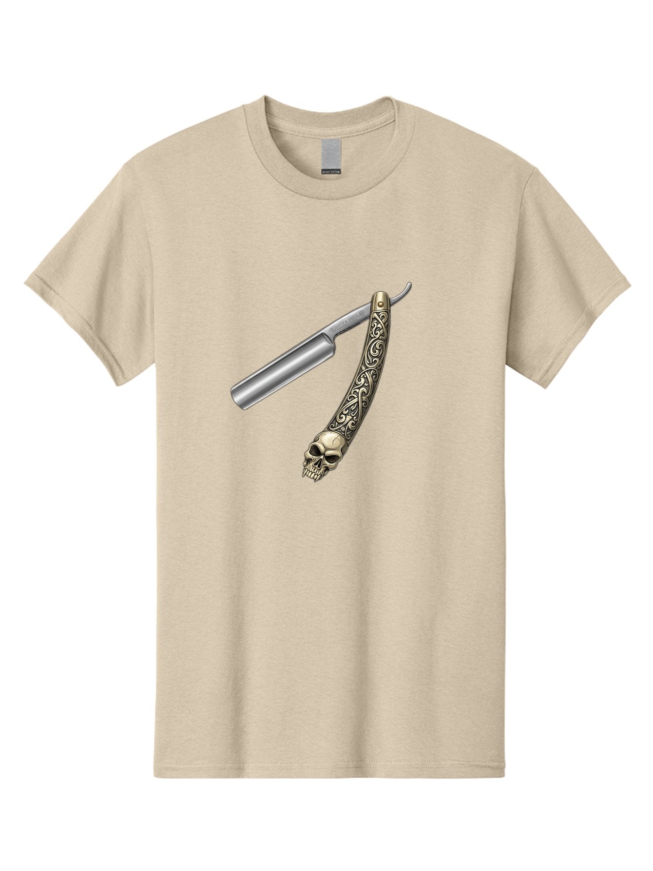 Straight-Razor-With-Skull Men'S Graphic Tee, 100% Cotton, Comfortable Casual Summer Wear, Machine Washable, Straight Razor, Skull Handle, Ornate Design, Vintage Style, Metal Craftsmanship, Traditional Shaving, Edgy Grooming, Unique Accessory Bad736 5