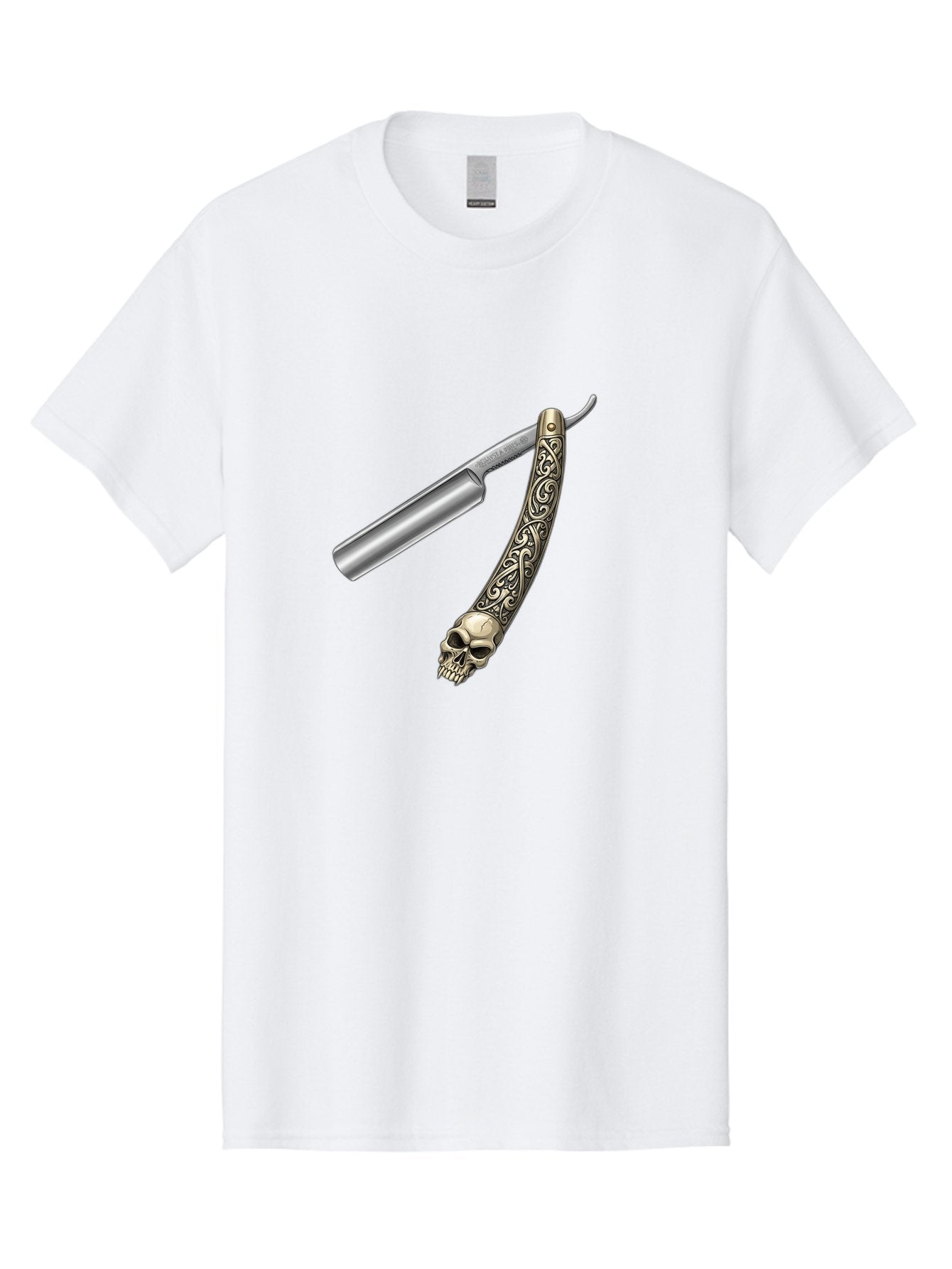 Straight-Razor-With-Skull Men'S Graphic Tee, 100% Cotton, Comfortable Casual Summer Wear, Machine Washable, Straight Razor, Skull Handle, Ornate Design, Vintage Style, Metal Craftsmanship, Traditional Shaving, Edgy Grooming, Unique Accessory Bad736 7
