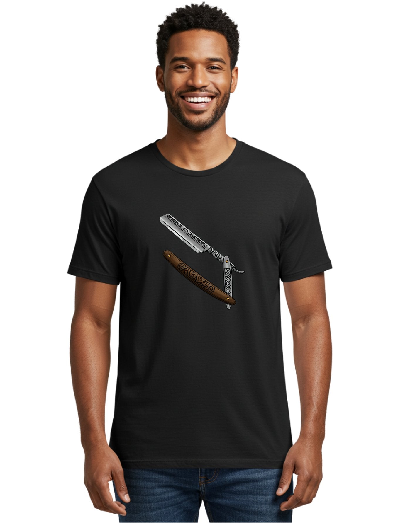 Straight-Razor Men'S Graphic Tee, 100% Cotton, Comfortable Casual Summer Wear, Machine Washable, Straight Razor, Shaving Razor, Vintage Grooming, Classic Shaving, Barber Tools, Ornate Design, Traditional Shaving, Men'S Grooming, Antique Razor Bad737 18
