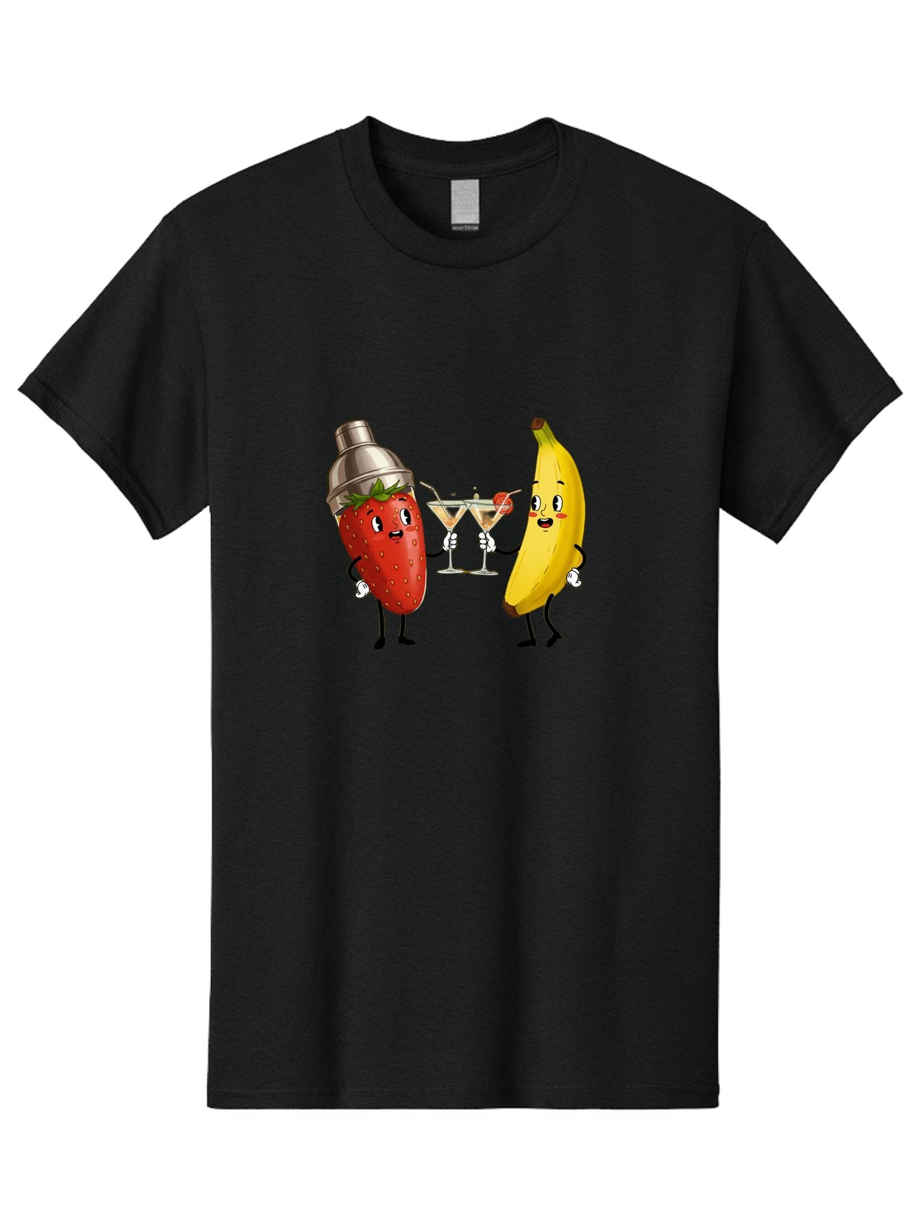 Strawberry-Banana-Cocktail Men'S Graphic Tee, 100% Cotton, Comfortable Casual Summer Wear, Machine Washable, Cartoon Strawberry, Cocktail Shaker, Martini Glasses, Banana Character, Fruit Cocktail, Funny Illustration, Animated Fruit, Bad738 15