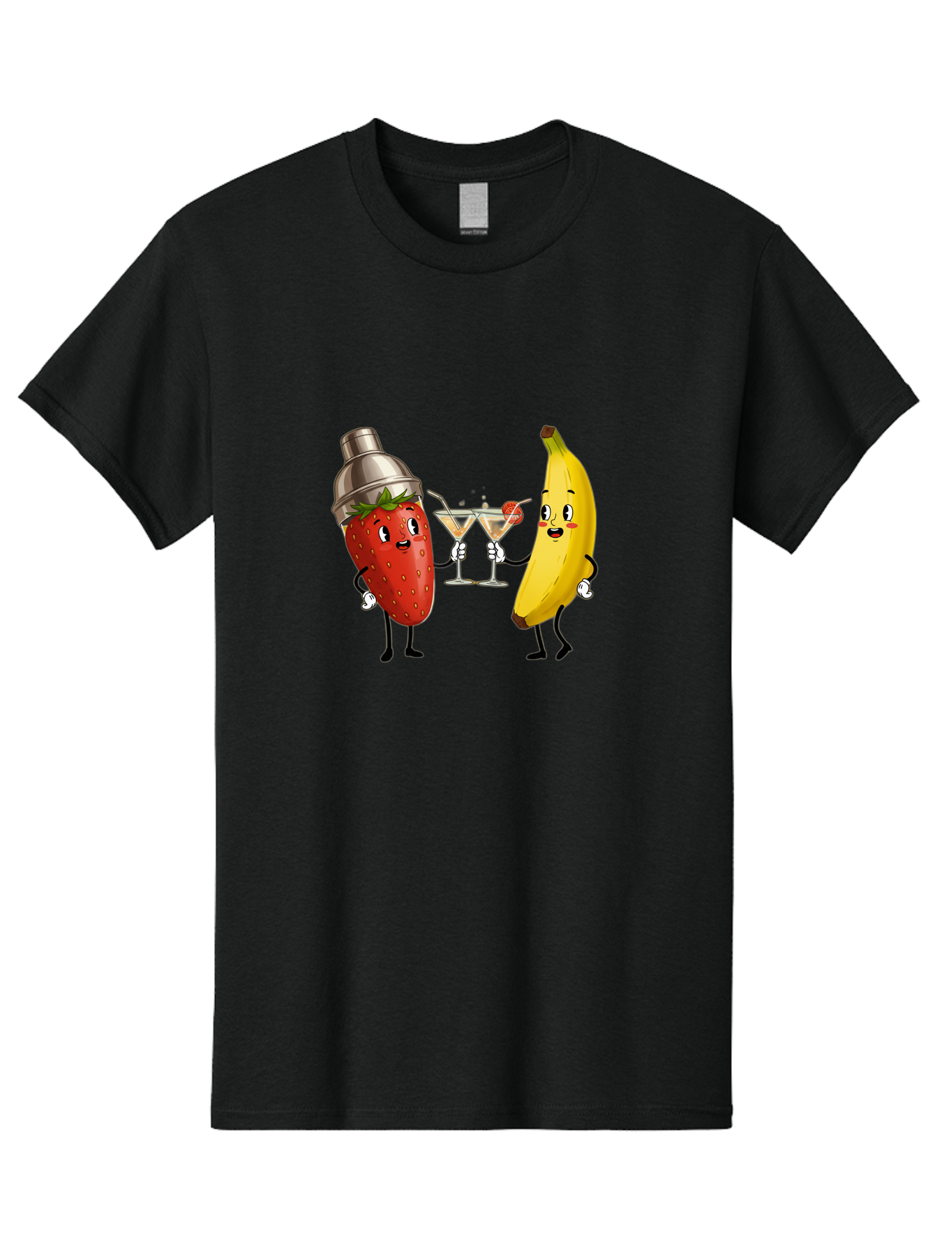 Strawberry-Banana-Cocktail Men'S Graphic Tee, 100% Cotton, Comfortable Casual Summer Wear, Machine Washable, Cartoon Strawberry, Cocktail Shaker, Martini Glasses, Banana Character, Fruit Cocktail, Funny Illustration, Animated Fruit, Bad738