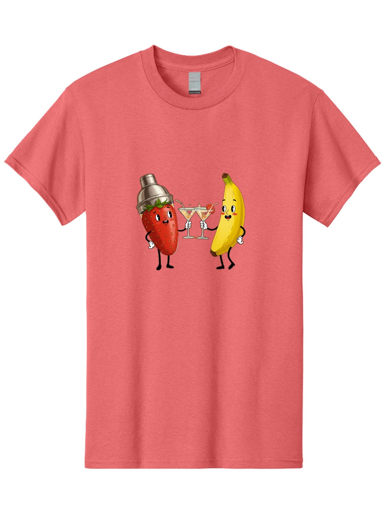 Strawberry-Banana-Cocktail Men'S Graphic Tee, 100% Cotton, Comfortable Casual Summer Wear, Machine Washable, Cartoon Strawberry, Cocktail Shaker, Martini Glasses, Banana Character, Fruit Cocktail, Funny Illustration, Animated Fruit, Bad738 6