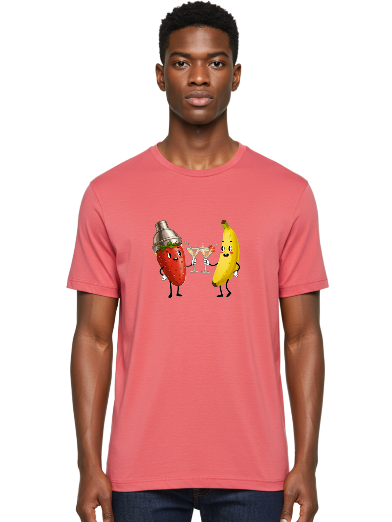 Strawberry-Banana-Cocktail Men'S Graphic Tee, 100% Cotton, Comfortable Casual Summer Wear, Machine Washable, Cartoon Strawberry, Cocktail Shaker, Martini Glasses, Banana Character, Fruit Cocktail, Funny Illustration, Animated Fruit, Bad738 22