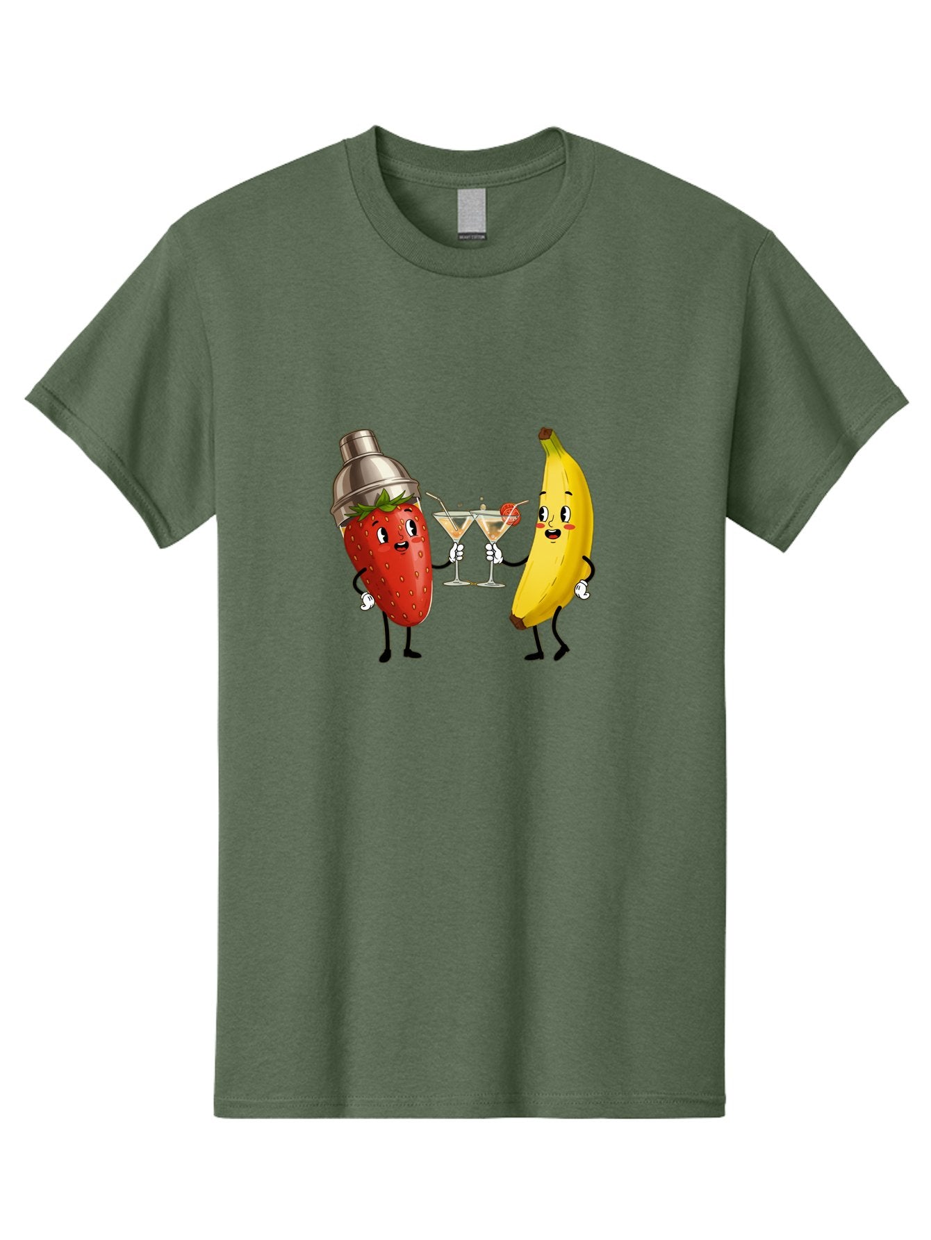 Strawberry-Banana-Cocktail Men'S Graphic Tee, 100% Cotton, Comfortable Casual Summer Wear, Machine Washable, Cartoon Strawberry, Cocktail Shaker, Martini Glasses, Banana Character, Fruit Cocktail, Funny Illustration, Animated Fruit, Bad738 9