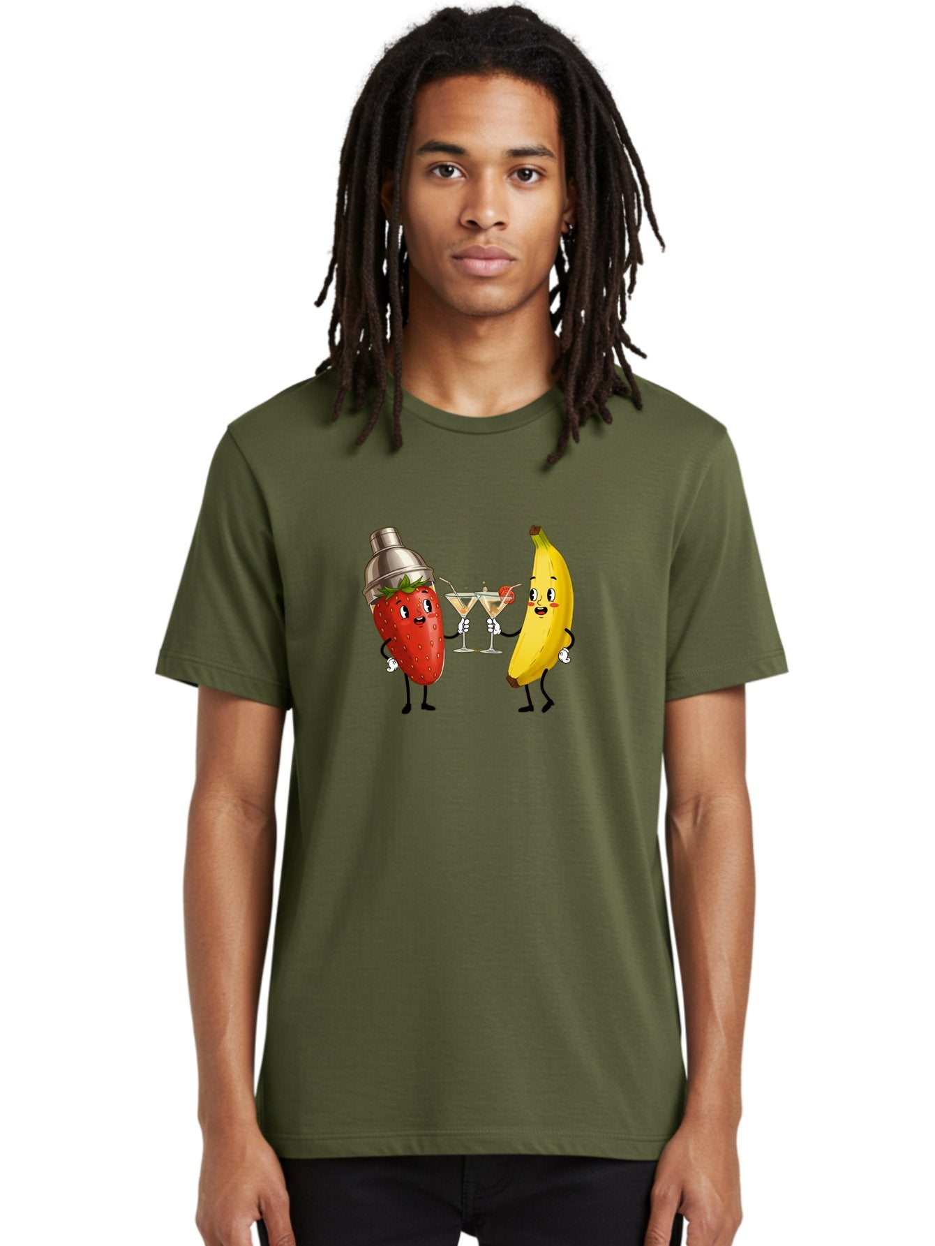 Strawberry-Banana-Cocktail Men'S Graphic Tee, 100% Cotton, Comfortable Casual Summer Wear, Machine Washable, Cartoon Strawberry, Cocktail Shaker, Martini Glasses, Banana Character, Fruit Cocktail, Funny Illustration, Animated Fruit, Bad738 26