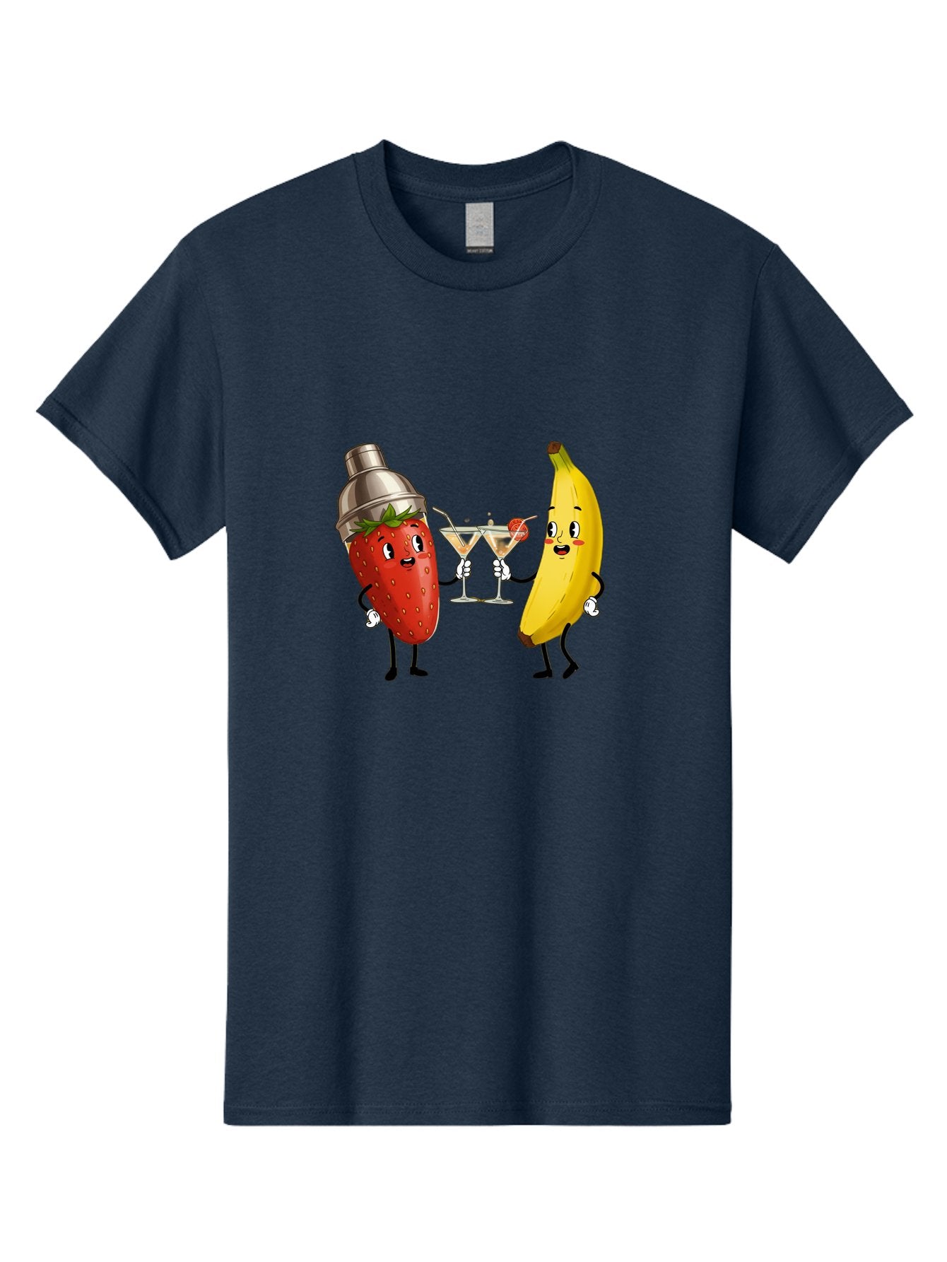Strawberry-Banana-Cocktail Men'S Graphic Tee, 100% Cotton, Comfortable Casual Summer Wear, Machine Washable, Cartoon Strawberry, Cocktail Shaker, Martini Glasses, Banana Character, Fruit Cocktail, Funny Illustration, Animated Fruit, Bad738