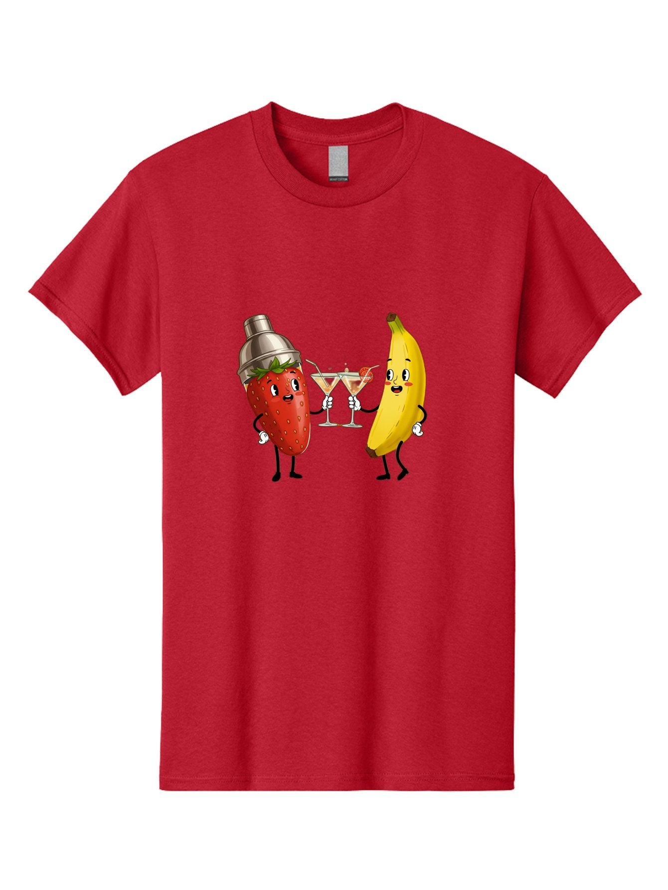 Strawberry-Banana-Cocktail Men'S Graphic Tee, 100% Cotton, Comfortable Casual Summer Wear, Machine Washable, Cartoon Strawberry, Cocktail Shaker, Martini Glasses, Banana Character, Fruit Cocktail, Funny Illustration, Animated Fruit, Bad738 11
