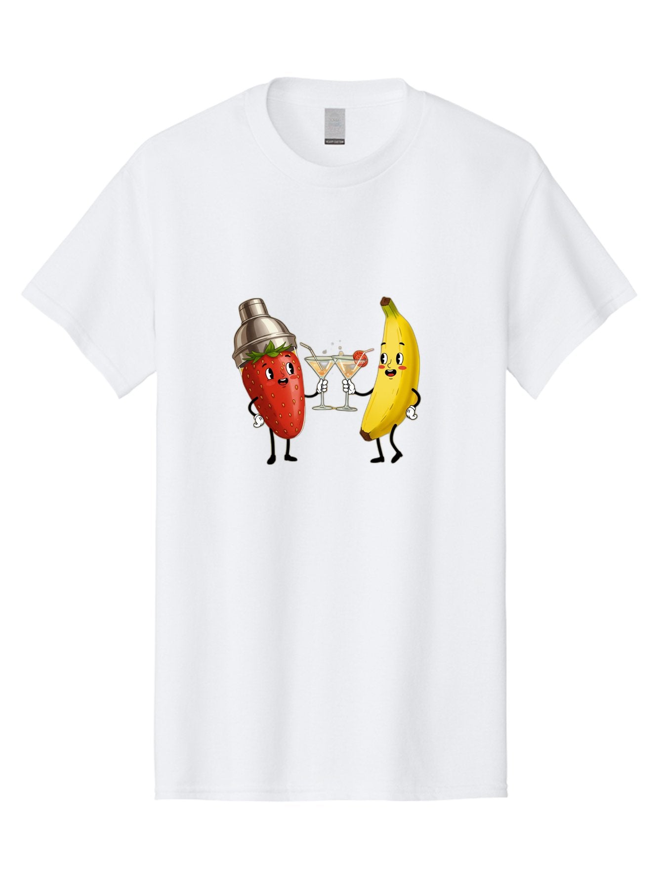 Strawberry-Banana-Cocktail Men'S Graphic Tee, 100% Cotton, Comfortable Casual Summer Wear, Machine Washable, Cartoon Strawberry, Cocktail Shaker, Martini Glasses, Banana Character, Fruit Cocktail, Funny Illustration, Animated Fruit, Bad738