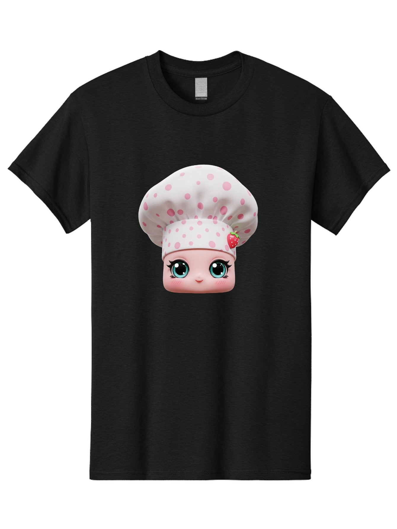 Strawberry-Chef-Head Men'S Graphic Tee, 100% Cotton, Comfortable Casual Summer Wear, Machine Washable, Cartoon Character, Chef Hat, Strawberry Decoration, Pink Polka Dots, Blue Eyes, Pastel Colors, Cute Face, Baking Theme, Sweet Treats, Bad739 3