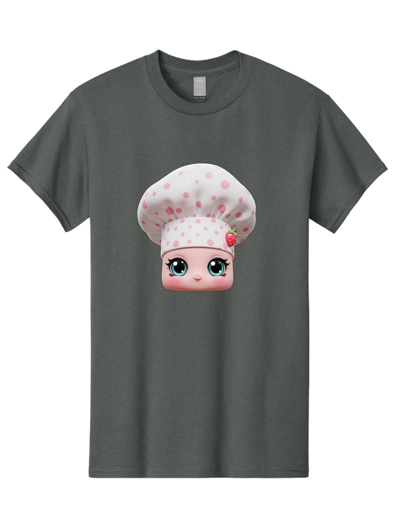 Strawberry-Chef-Head Men'S Graphic Tee, 100% Cotton, Comfortable Casual Summer Wear, Machine Washable, Cartoon Character, Chef Hat, Strawberry Decoration, Pink Polka Dots, Blue Eyes, Pastel Colors, Cute Face, Baking Theme, Sweet Treats, Bad739