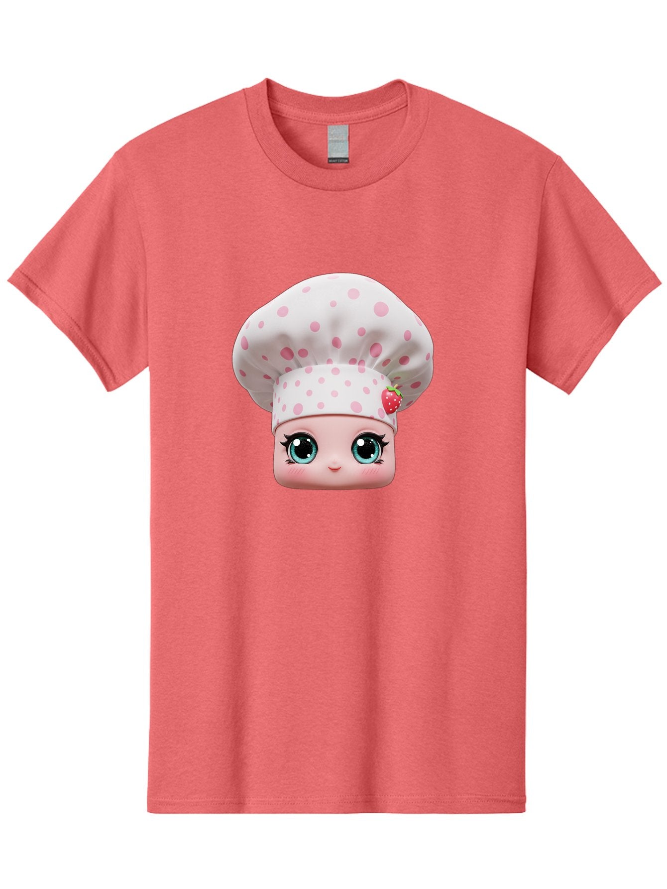 Strawberry-Chef-Head Men'S Graphic Tee, 100% Cotton, Comfortable Casual Summer Wear, Machine Washable, Cartoon Character, Chef Hat, Strawberry Decoration, Pink Polka Dots, Blue Eyes, Pastel Colors, Cute Face, Baking Theme, Sweet Treats, Bad739 8