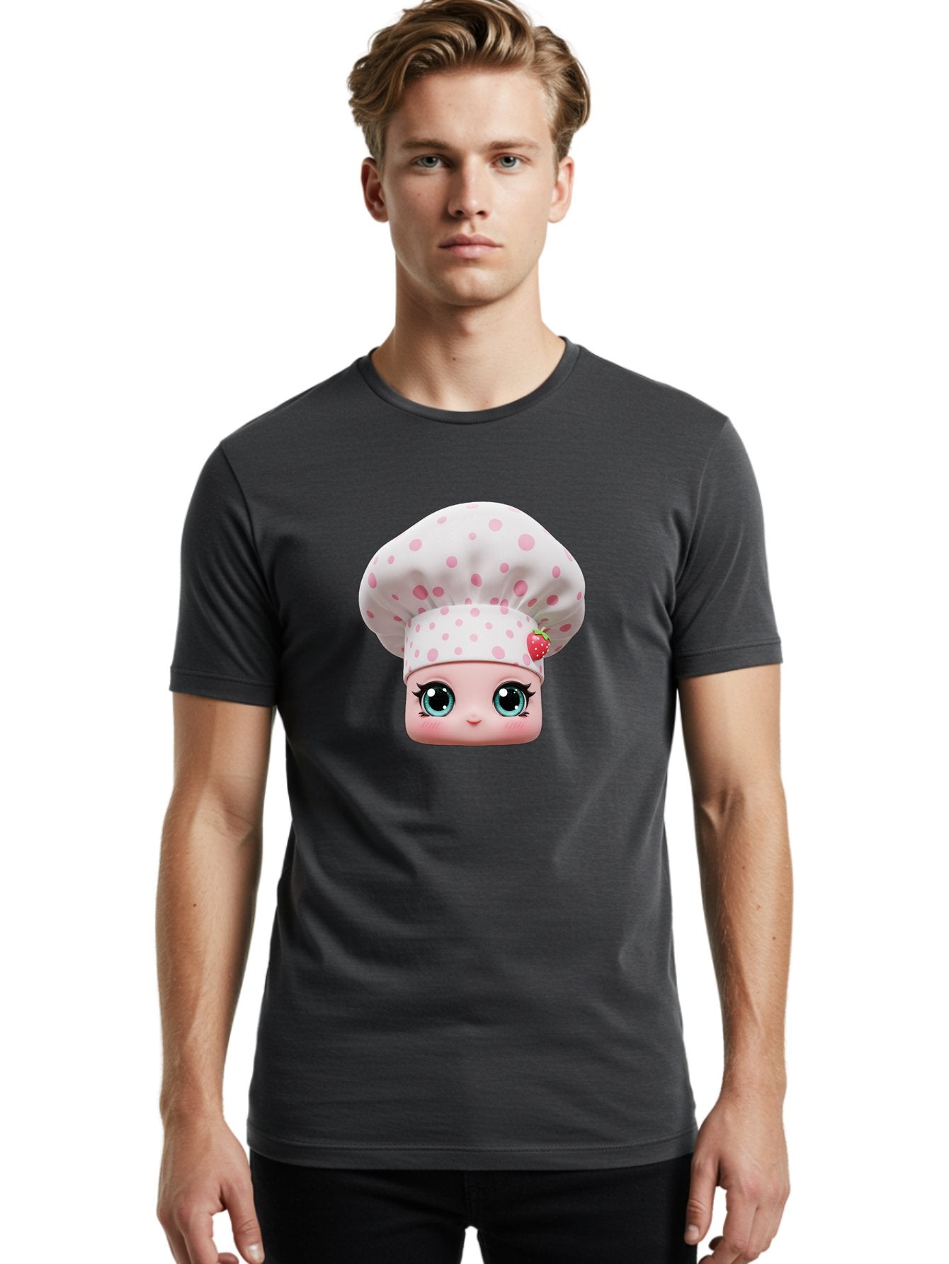 Strawberry-Chef-Head Men'S Graphic Tee, 100% Cotton, Comfortable Casual Summer Wear, Machine Washable, Cartoon Character, Chef Hat, Strawberry Decoration, Pink Polka Dots, Blue Eyes, Pastel Colors, Cute Face, Baking Theme, Sweet Treats, Bad739 17