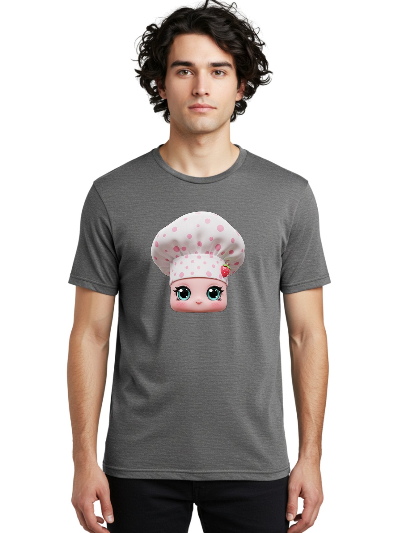 Strawberry-Chef-Head Men'S Graphic Tee, 100% Cotton, Comfortable Casual Summer Wear, Machine Washable, Cartoon Character, Chef Hat, Strawberry Decoration, Pink Polka Dots, Blue Eyes, Pastel Colors, Cute Face, Baking Theme, Sweet Treats, Bad739 29