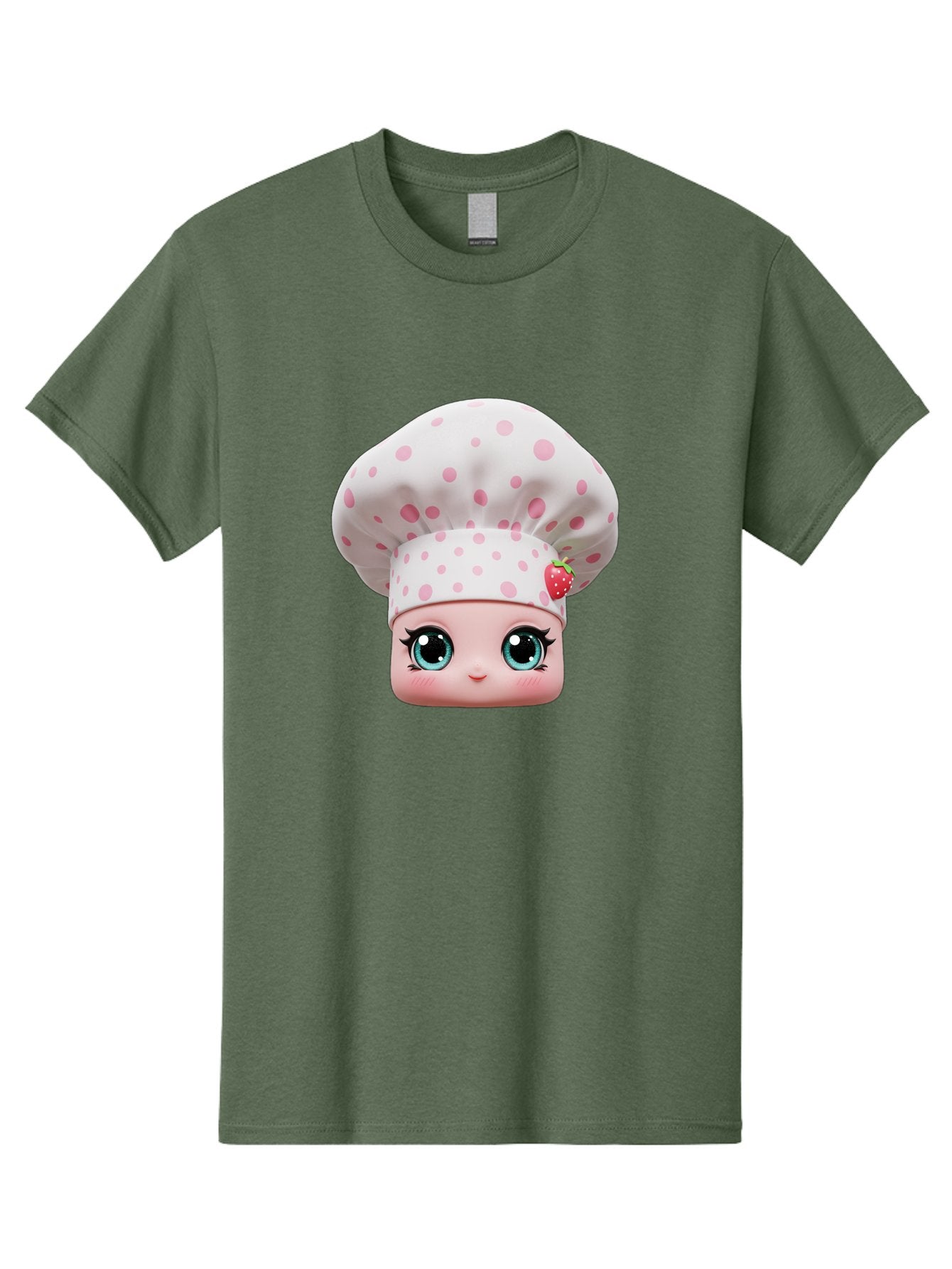 Strawberry-Chef-Head Men'S Graphic Tee, 100% Cotton, Comfortable Casual Summer Wear, Machine Washable, Cartoon Character, Chef Hat, Strawberry Decoration, Pink Polka Dots, Blue Eyes, Pastel Colors, Cute Face, Baking Theme, Sweet Treats, Bad739 11