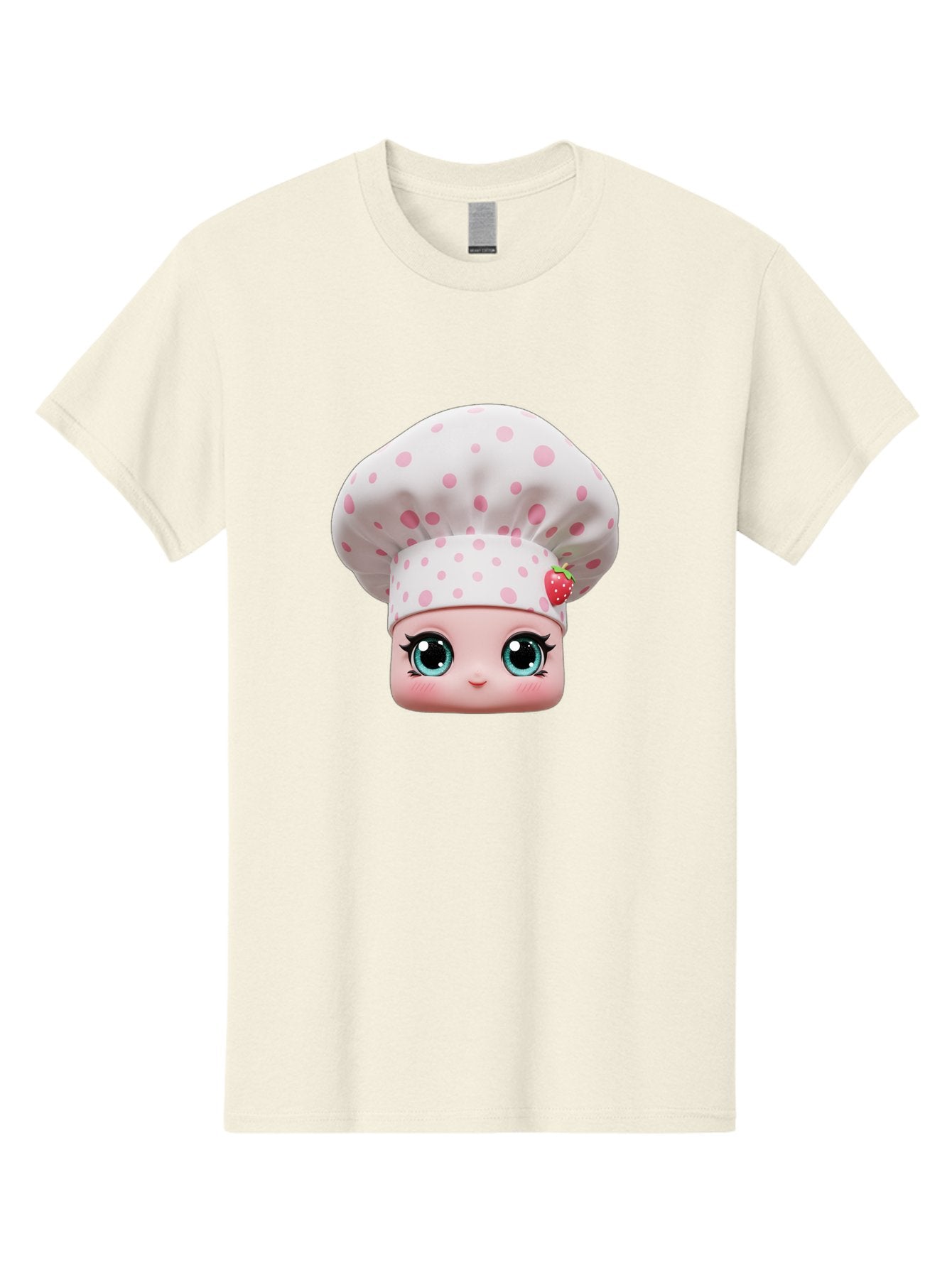 Strawberry-Chef-Head Men'S Graphic Tee, 100% Cotton, Comfortable Casual Summer Wear, Machine Washable, Cartoon Character, Chef Hat, Strawberry Decoration, Pink Polka Dots, Blue Eyes, Pastel Colors, Cute Face, Baking Theme, Sweet Treats, Bad739 9