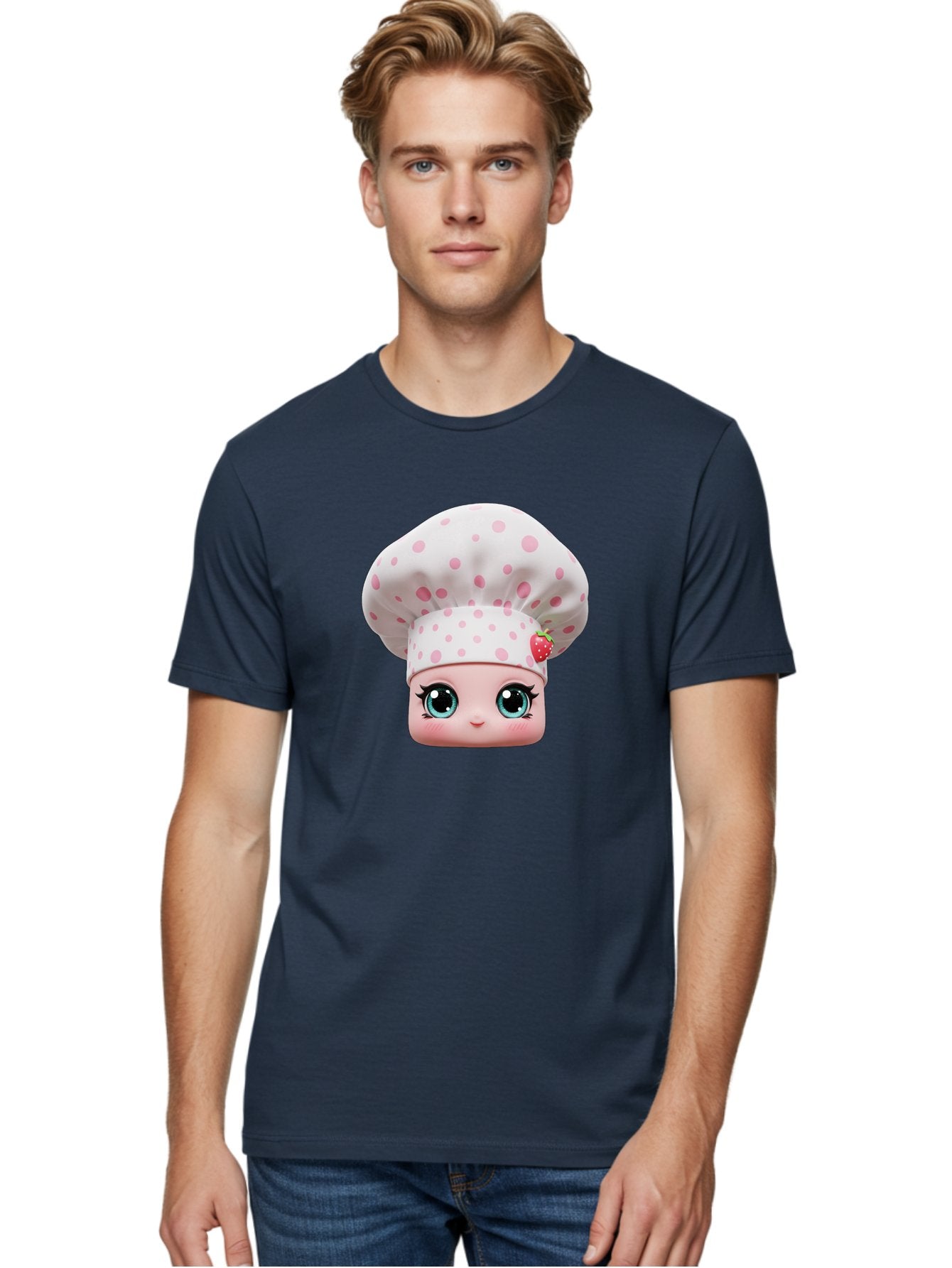Strawberry-Chef-Head Men'S Graphic Tee, 100% Cotton, Comfortable Casual Summer Wear, Machine Washable, Cartoon Character, Chef Hat, Strawberry Decoration, Pink Polka Dots, Blue Eyes, Pastel Colors, Cute Face, Baking Theme, Sweet Treats, Bad739 28