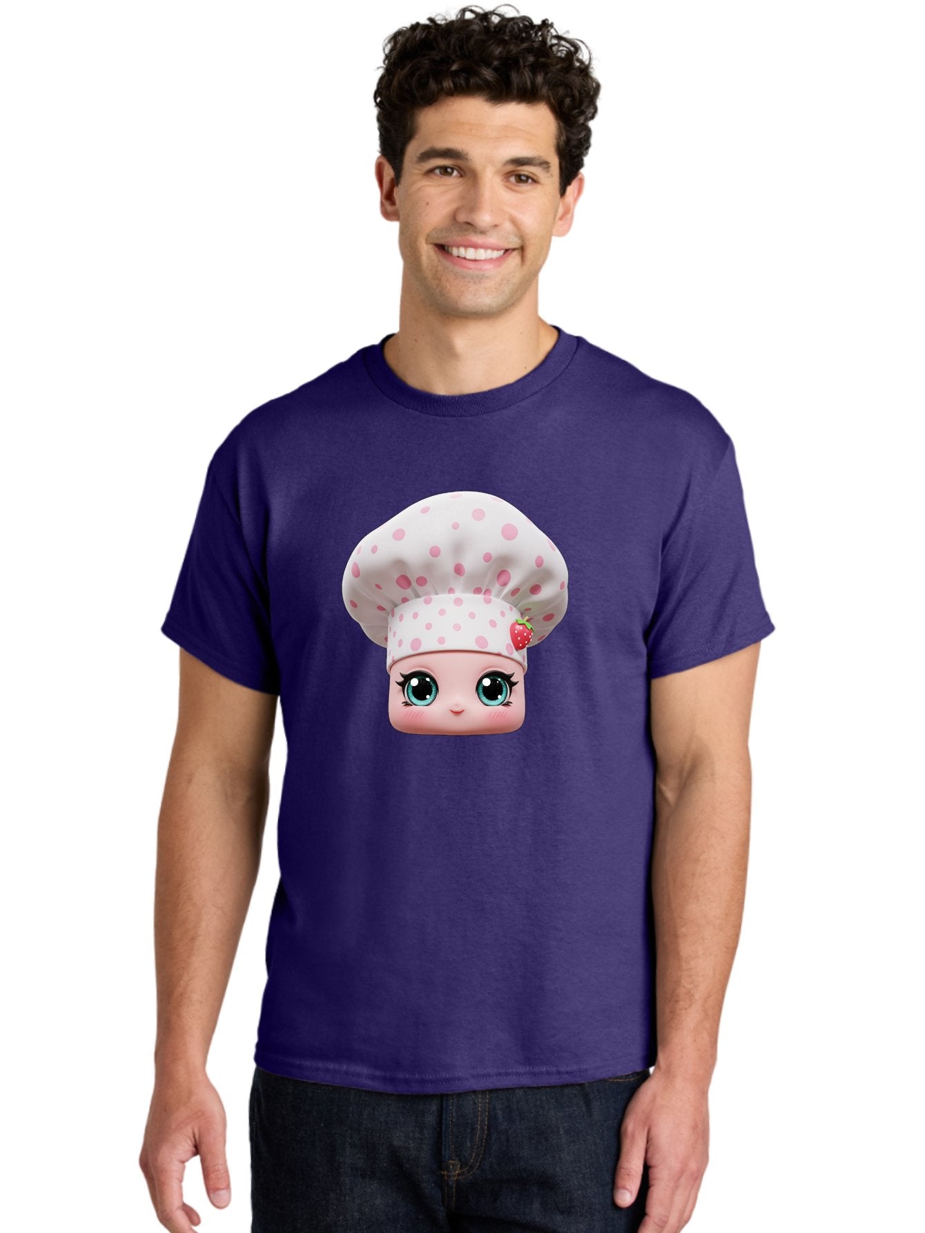 Strawberry-Chef-Head Men'S Graphic Tee, 100% Cotton, Comfortable Casual Summer Wear, Machine Washable, Cartoon Character, Chef Hat, Strawberry Decoration, Pink Polka Dots, Blue Eyes, Pastel Colors, Cute Face, Baking Theme, Sweet Treats, Bad739 24