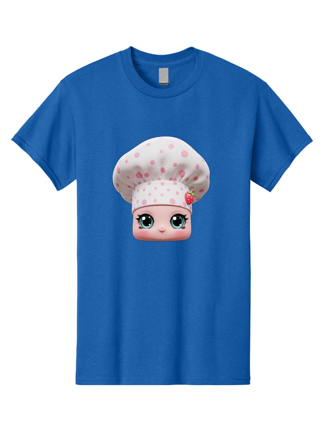 Strawberry-Chef-Head Men'S Graphic Tee, 100% Cotton, Comfortable Casual Summer Wear, Machine Washable, Cartoon Character, Chef Hat, Strawberry Decoration, Pink Polka Dots, Blue Eyes, Pastel Colors, Cute Face, Baking Theme, Sweet Treats, Bad739