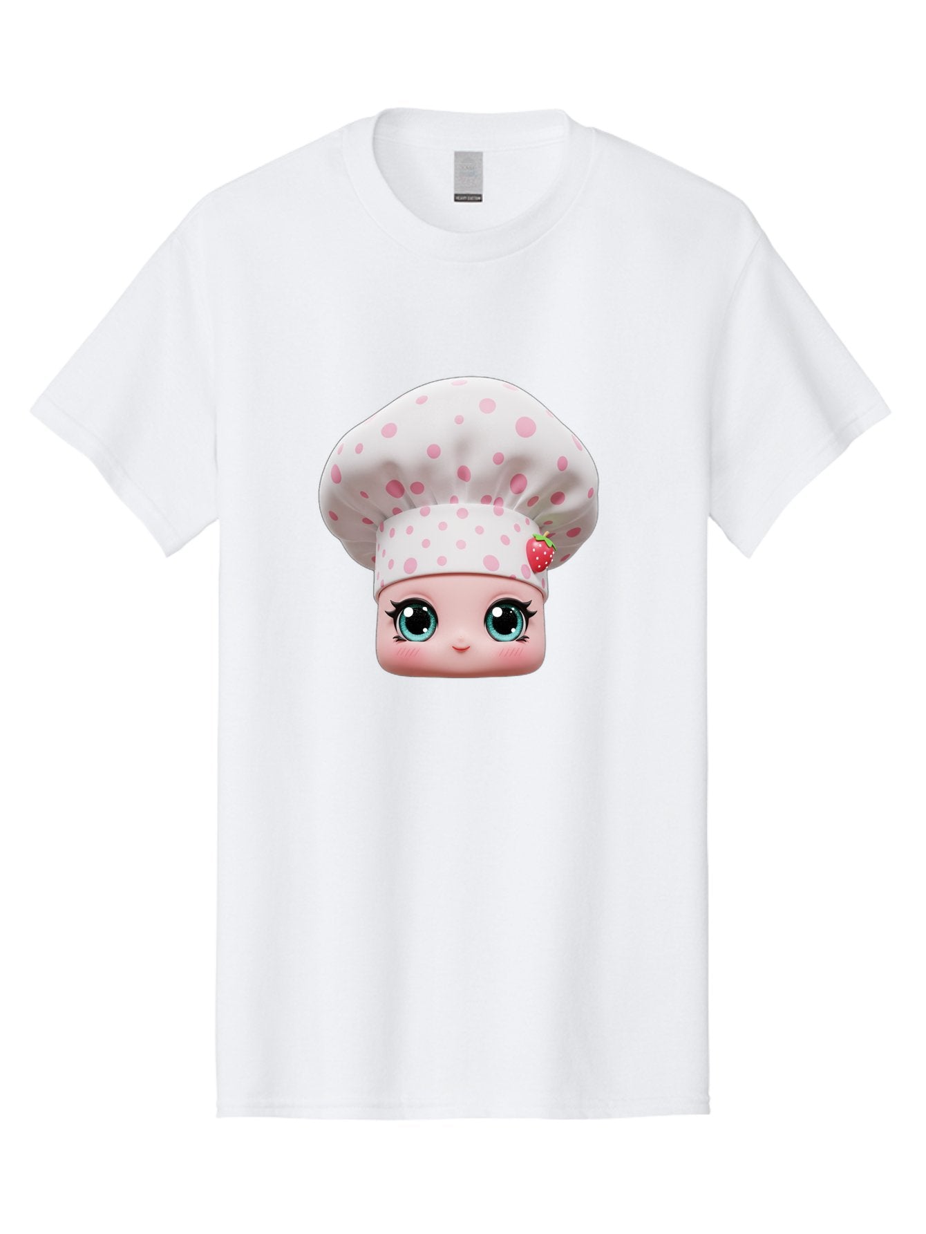 Strawberry-Chef-Head Men'S Graphic Tee, 100% Cotton, Comfortable Casual Summer Wear, Machine Washable, Cartoon Character, Chef Hat, Strawberry Decoration, Pink Polka Dots, Blue Eyes, Pastel Colors, Cute Face, Baking Theme, Sweet Treats, Bad739 15