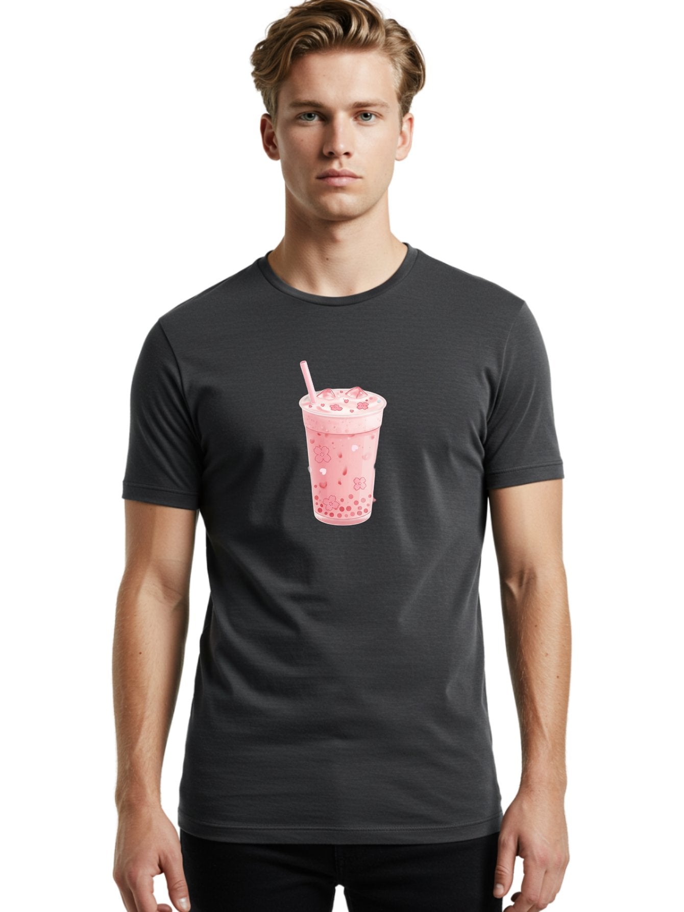 Strawberry-Milk-Tea Men'S Graphic Tee, 100% Cotton, Comfortable Casual Summer Wear, Machine Washable, Pink Milk Tea, Bubble Tea, Boba Drink, Iced Tea, Floral Design, Straw, Creamy Texture, Sweet Treat, Refreshing Beverage, Summer Drink Bad740 17