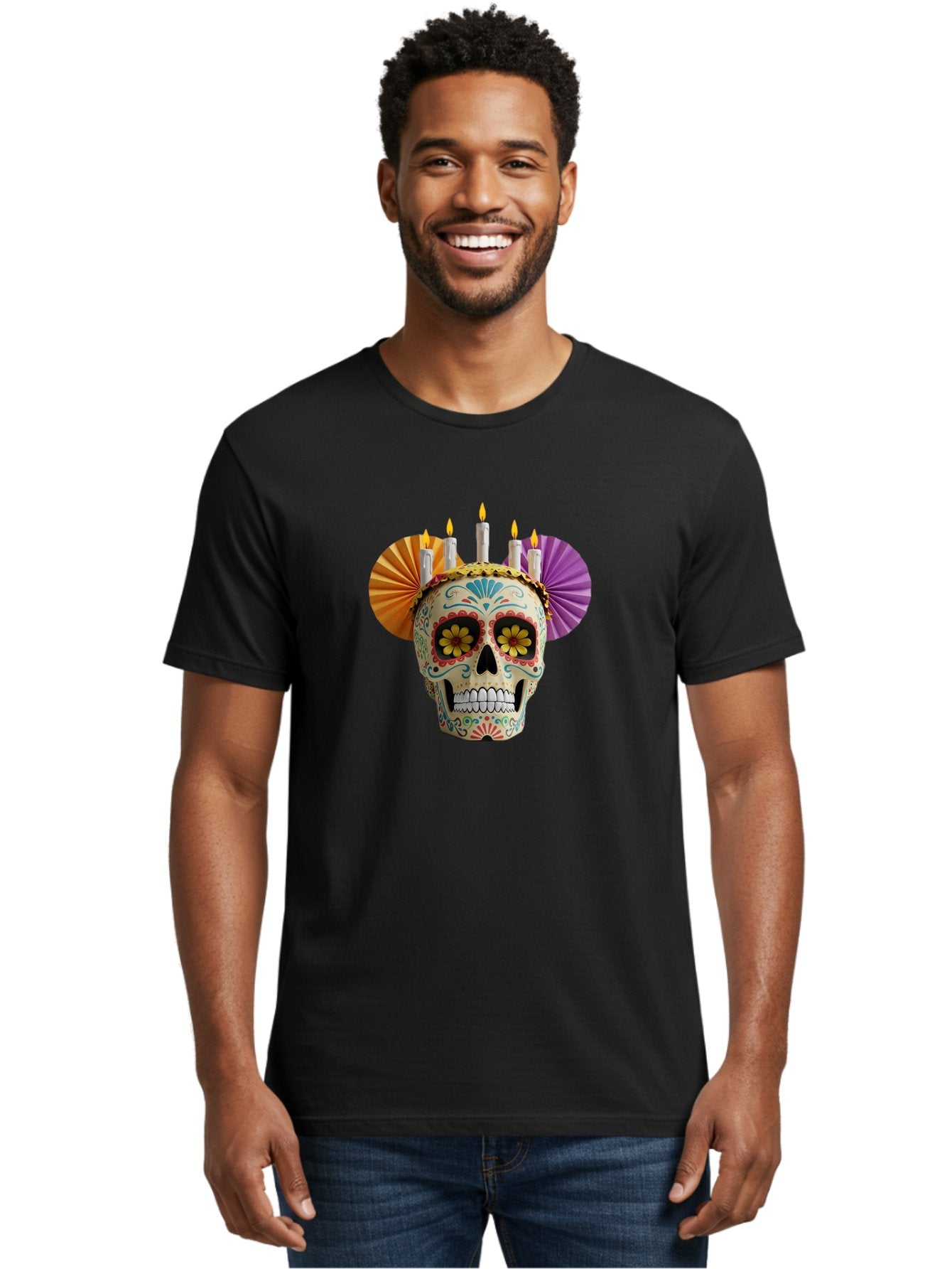 Sugar-Skull-11 Men'S Graphic Tee, 100% Cotton, Comfortable Casual Summer Wear, Machine Washable, Sugar Skull, Day Of The Dead, Vibrant Colors, Festive Decorations, Candles Lit, Flowers In Eyes, Traditional Mexican Art, Cultural Celebration, Bad760 26