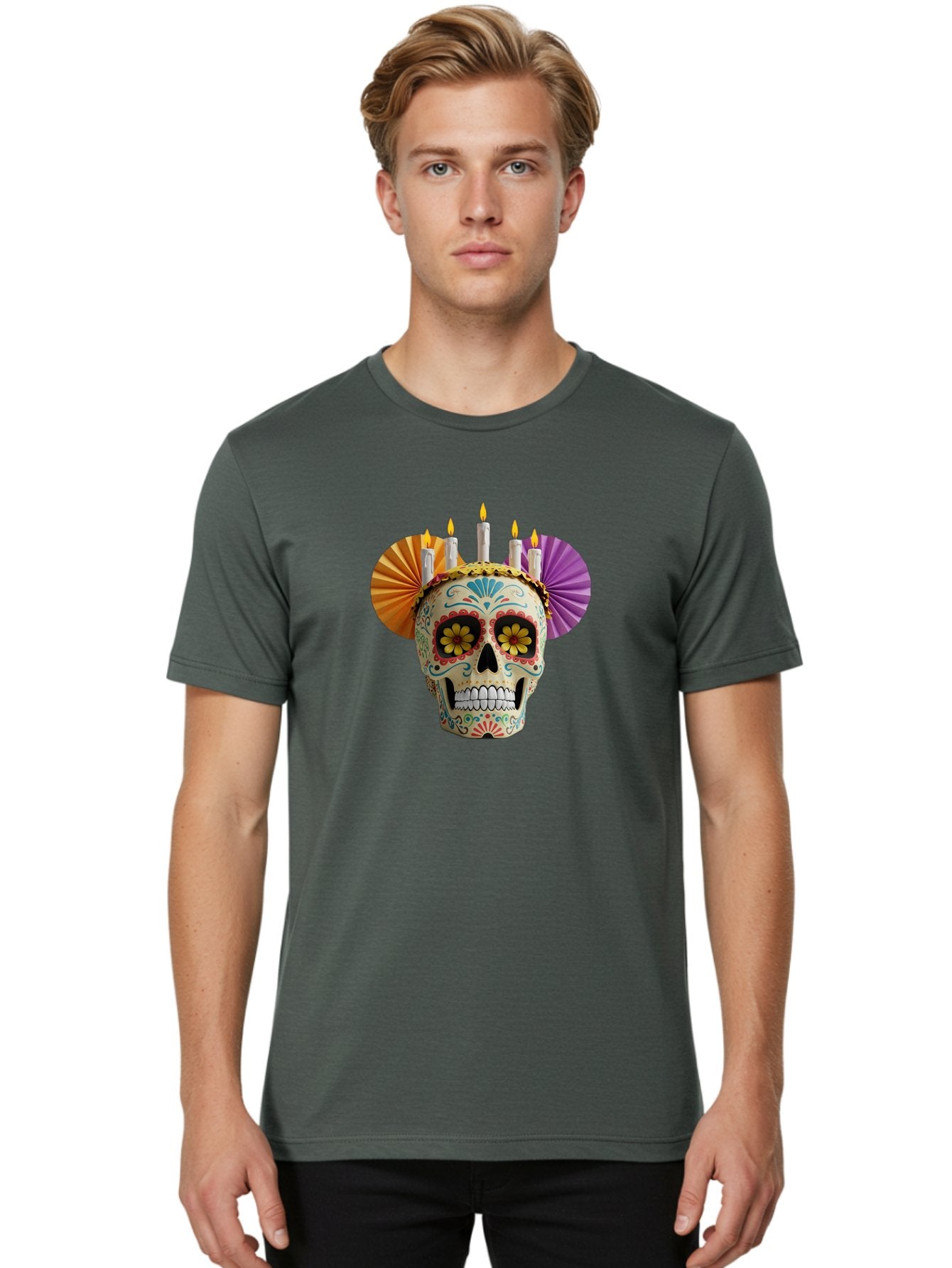 Sugar-Skull-11 Men'S Graphic Tee, 100% Cotton, Comfortable Casual Summer Wear, Machine Washable, Sugar Skull, Day Of The Dead, Vibrant Colors, Festive Decorations, Candles Lit, Flowers In Eyes, Traditional Mexican Art, Cultural Celebration, Bad760 25