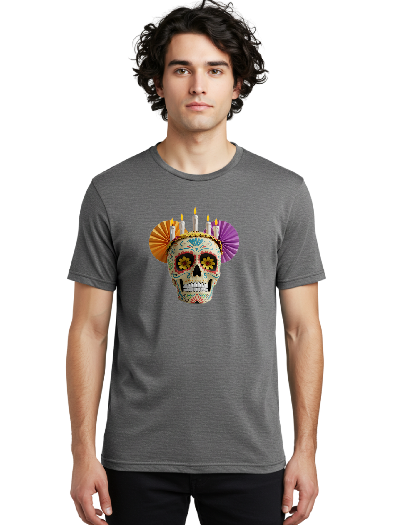 Sugar-Skull-11 Men'S Graphic Tee, 100% Cotton, Comfortable Casual Summer Wear, Machine Washable, Sugar Skull, Day Of The Dead, Vibrant Colors, Festive Decorations, Candles Lit, Flowers In Eyes, Traditional Mexican Art, Cultural Celebration, Bad760 17